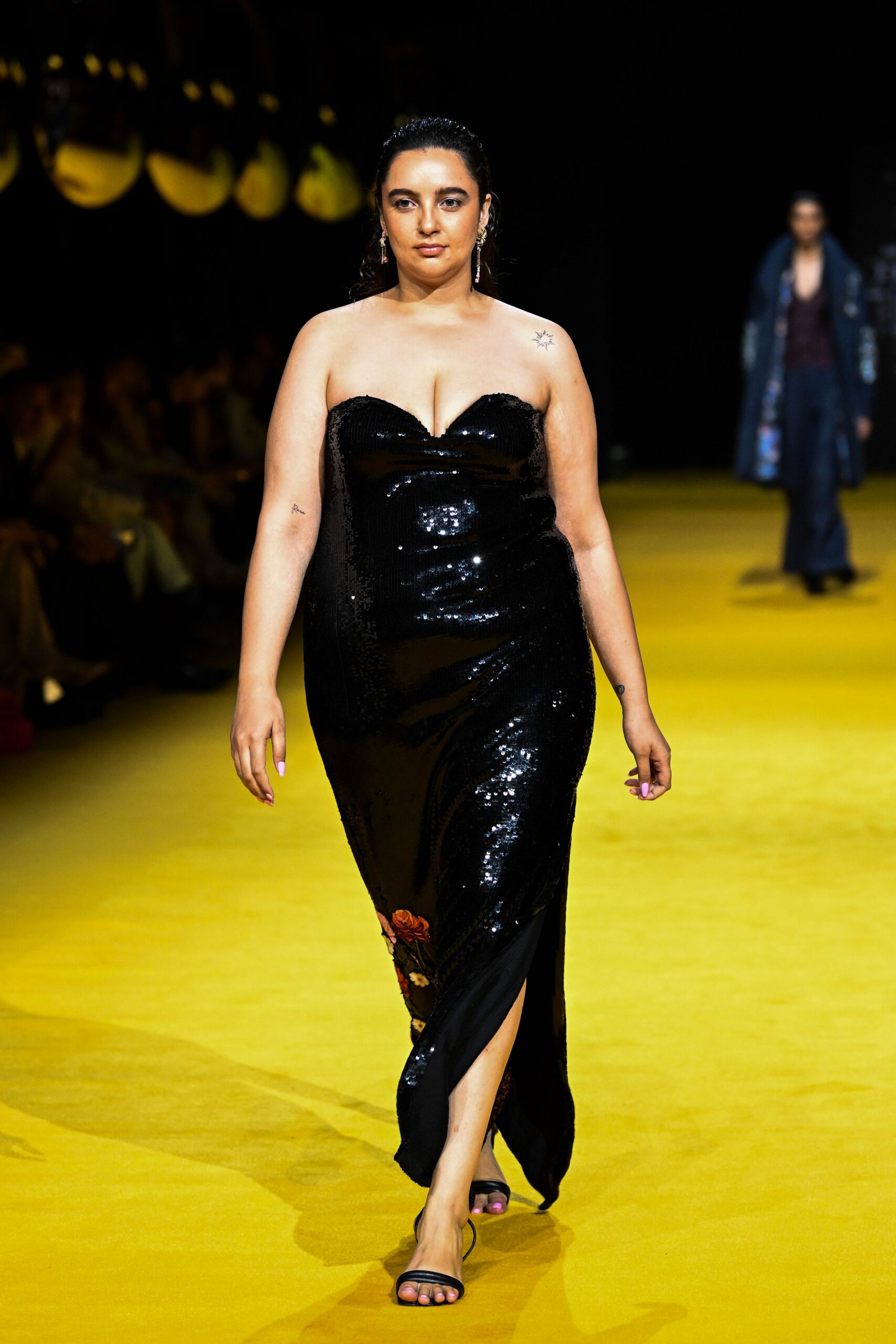 black sequin strapless gown
