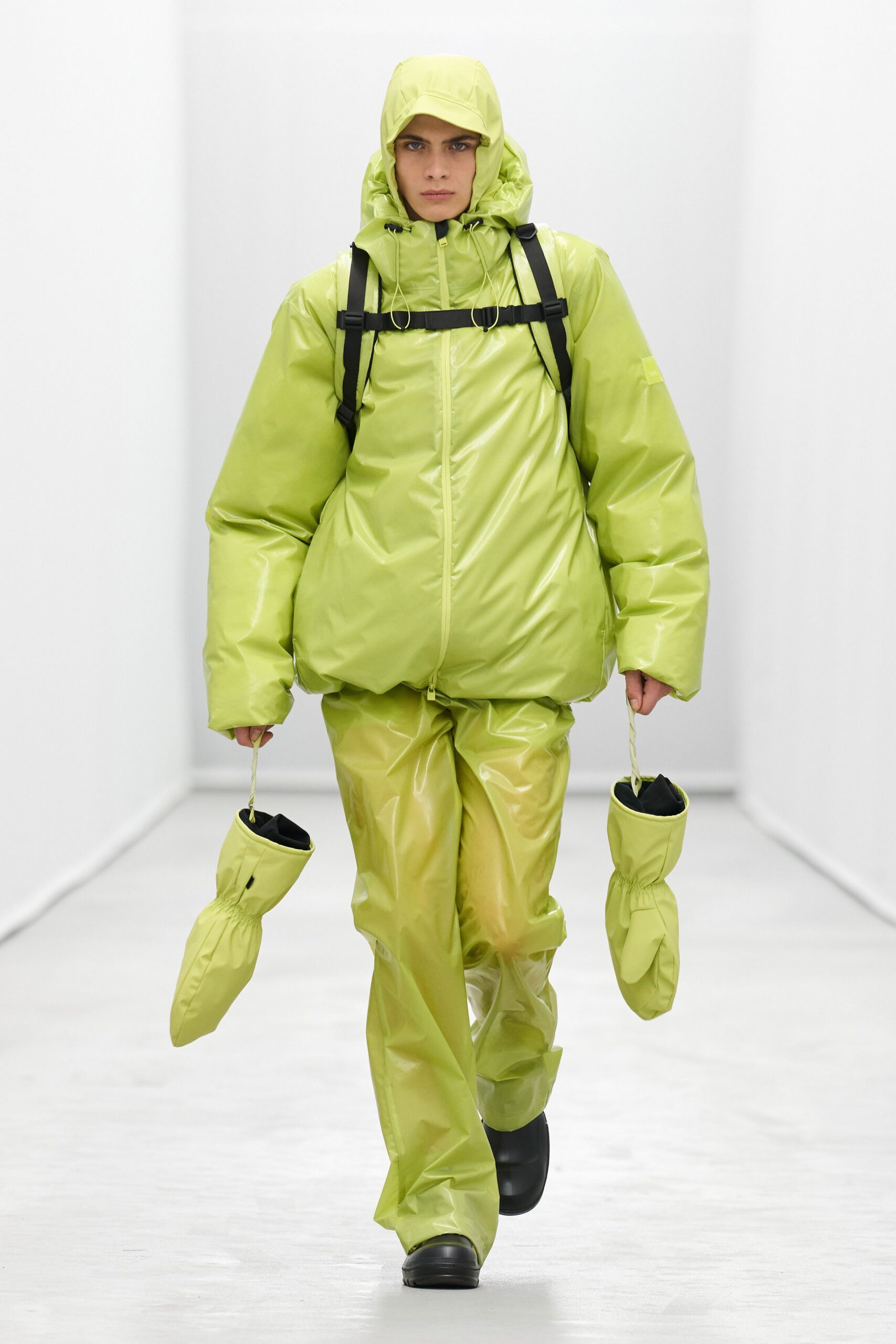 green vinyl long-sleeve hooded oversized zippered shiny jacket