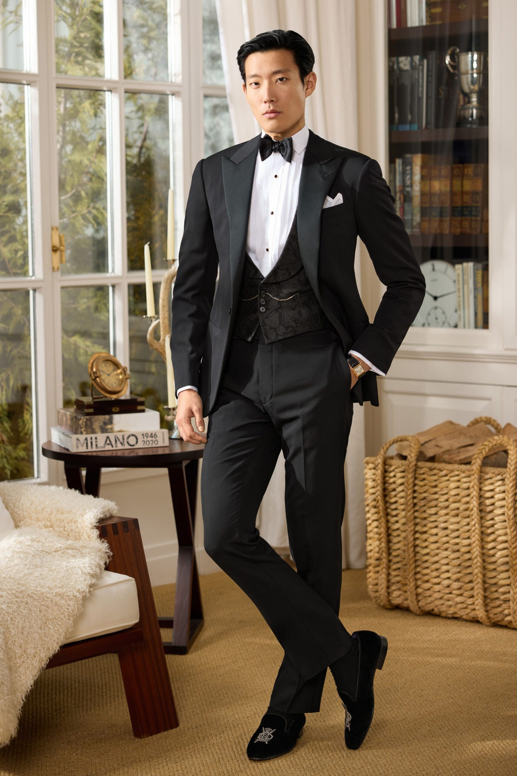 black tailored suit with white shirt