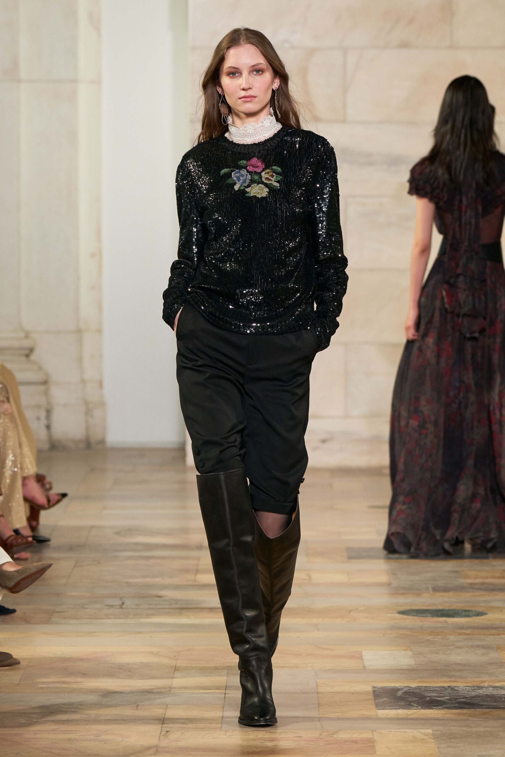 black sequin long-sleeve high-neck fitted embroidered shiny sweater