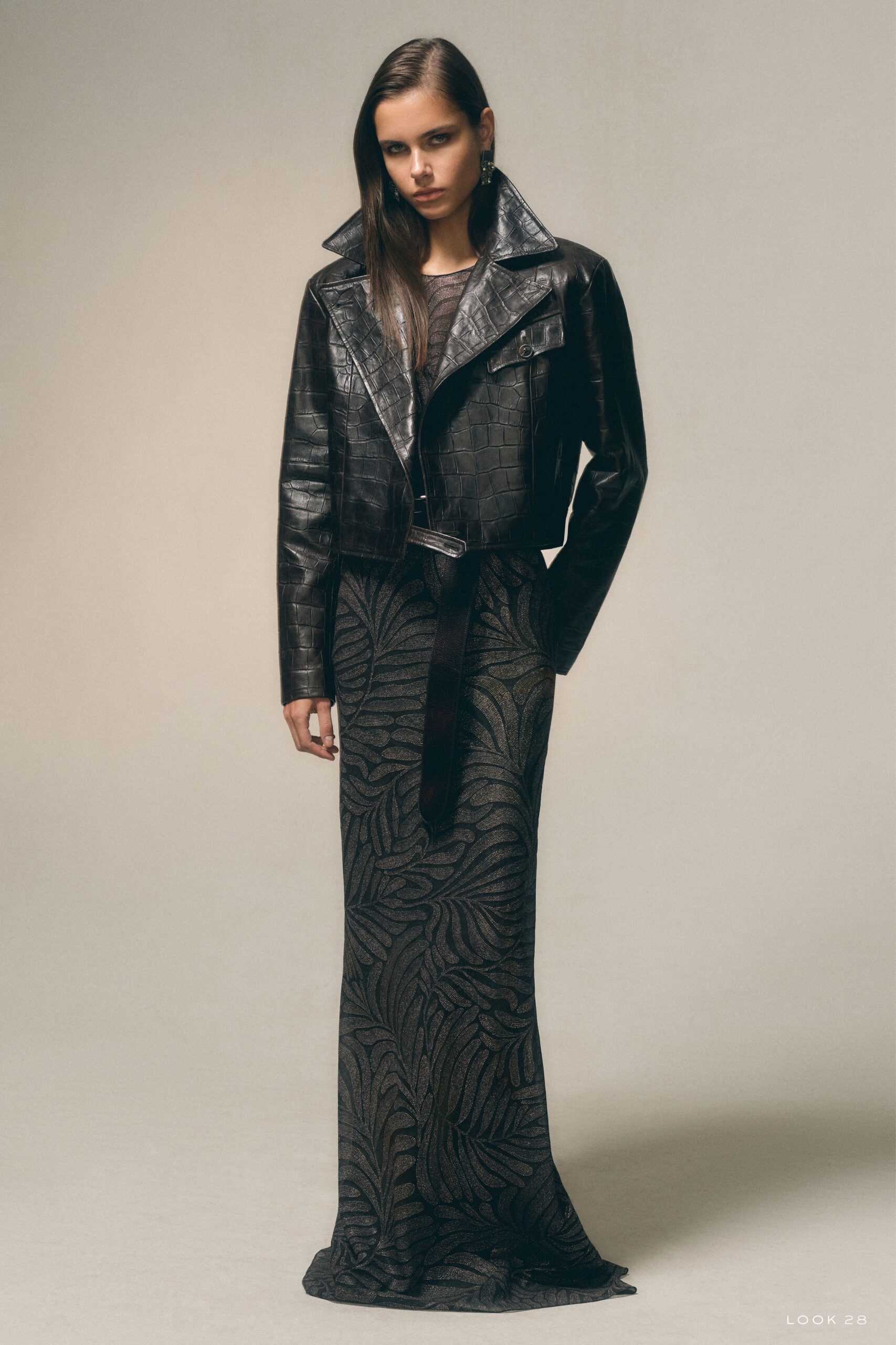 black silk sleeveless v-neck fitted embroidered textured gown
