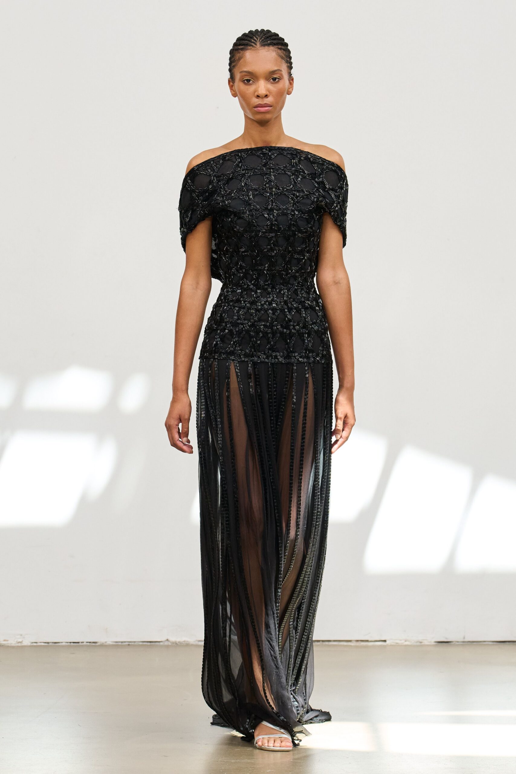 black silk off-shoulder long-sleeve fitted pleated embellished gown