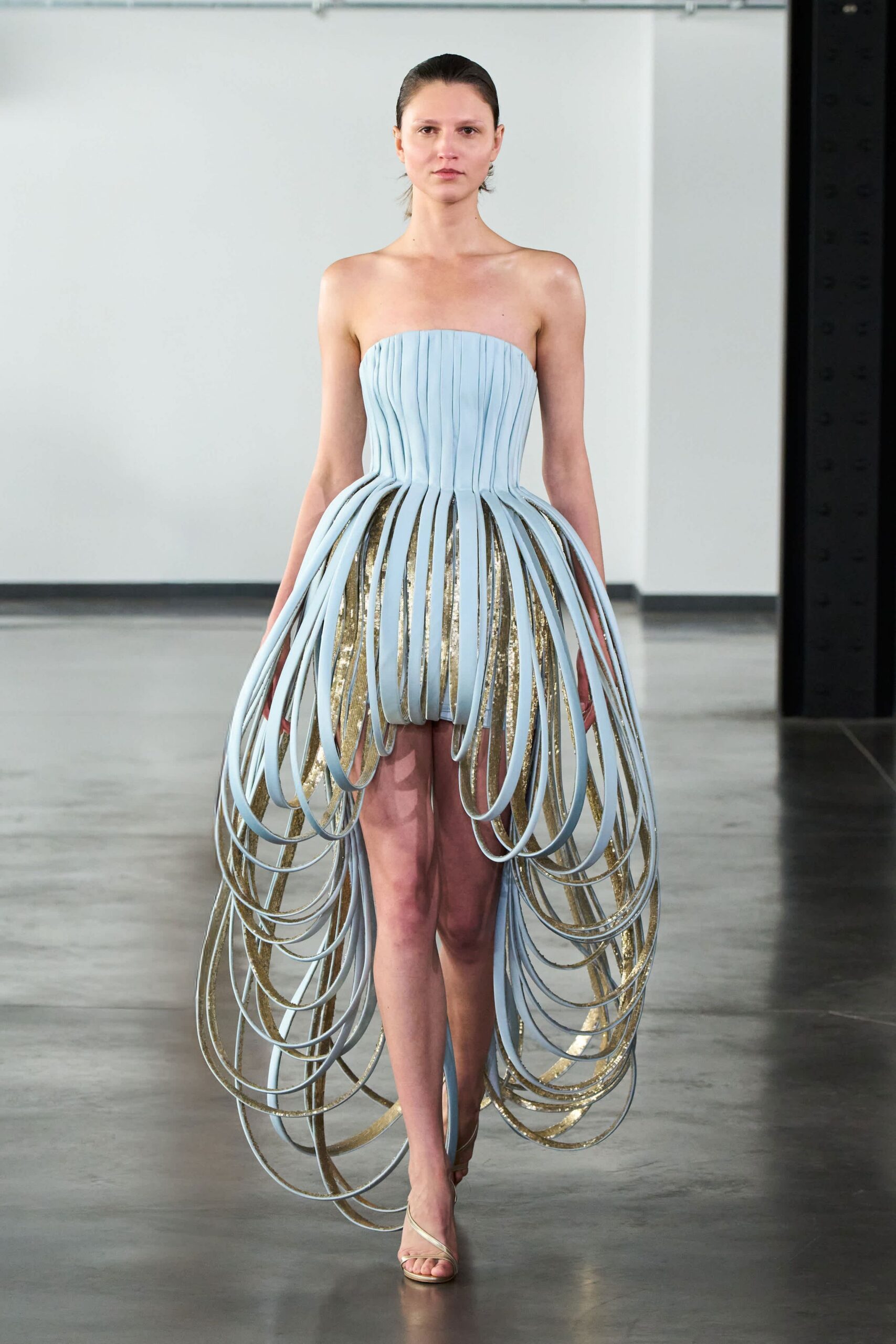 blue silk strapless fitted pleated embellished shiny gown