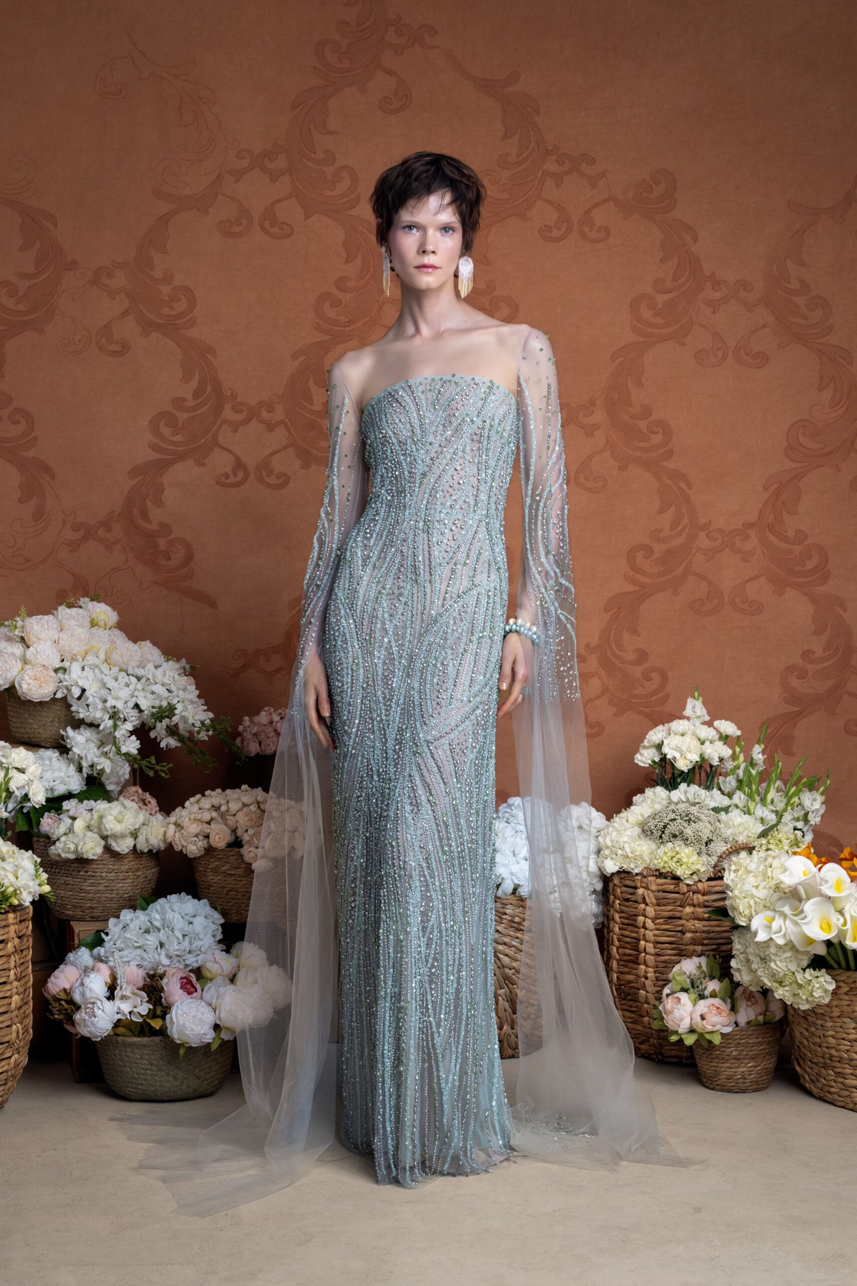 blue silk off-shoulder gown