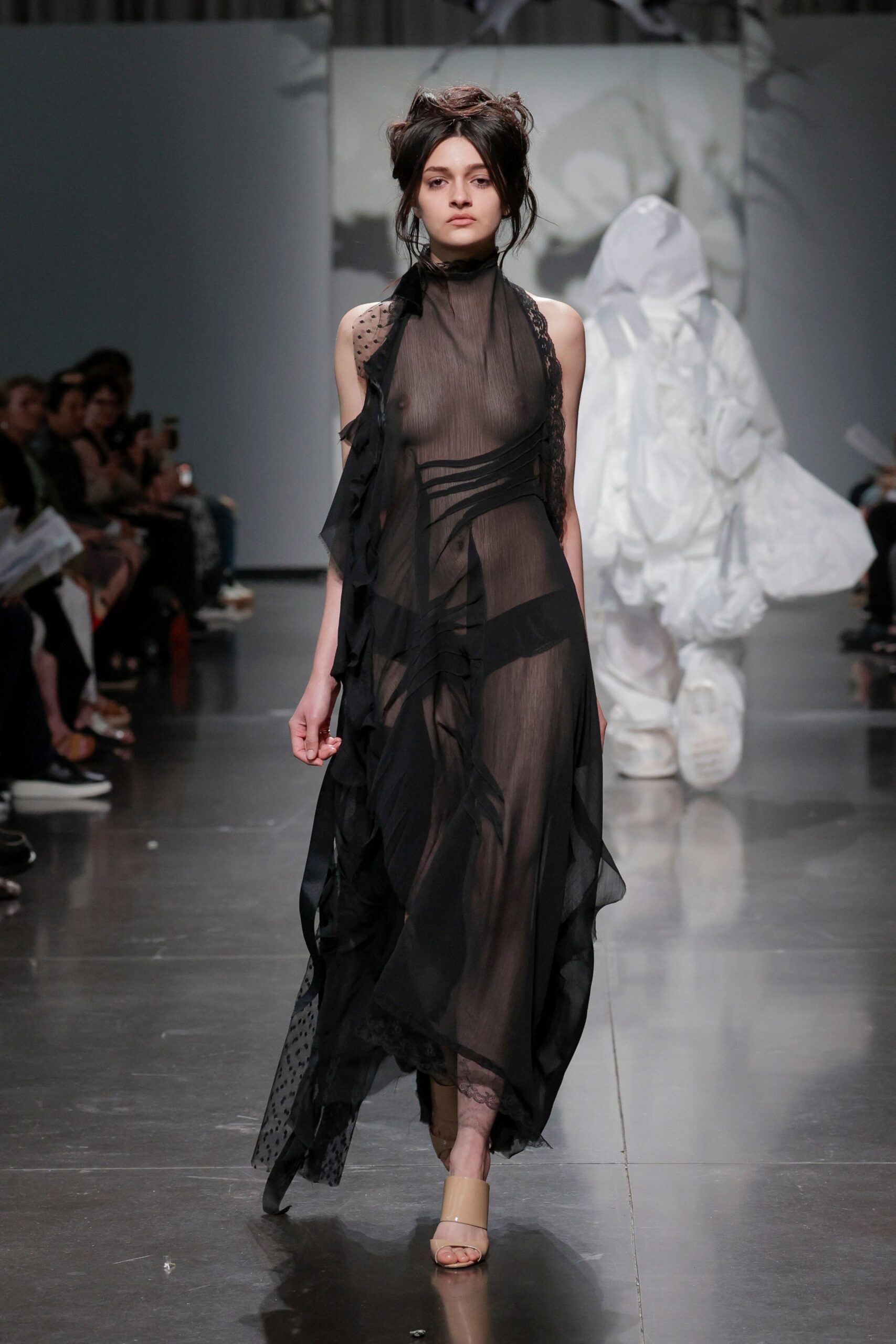 black sheer ruffled maxi dress