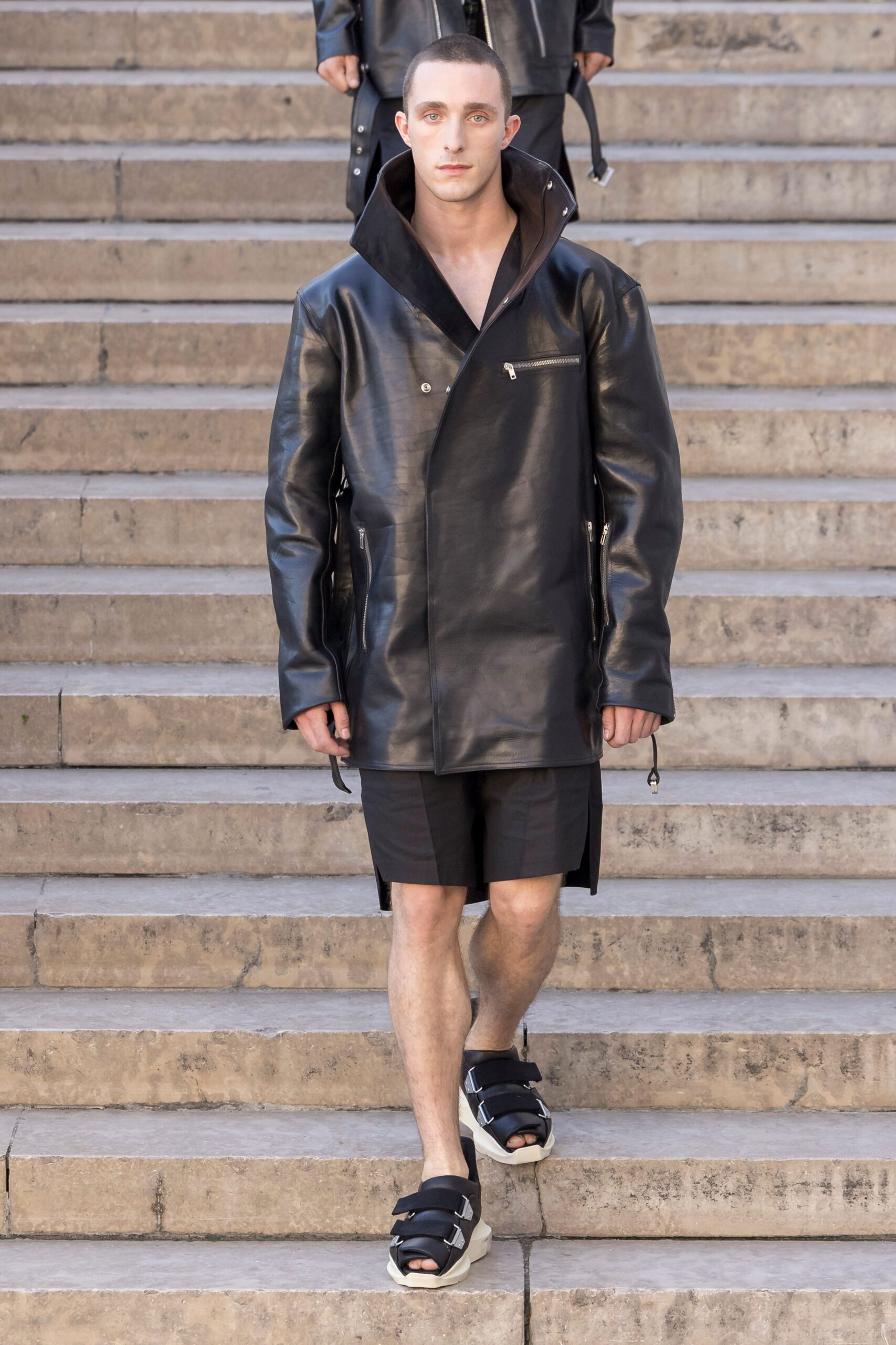 black leather jacket with shorts