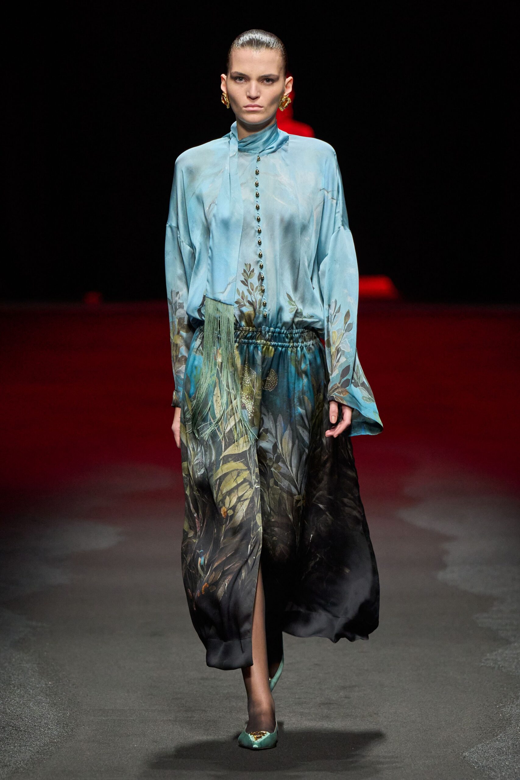 blue silk long-sleeve collared relaxed printed buttoned shirt-dress