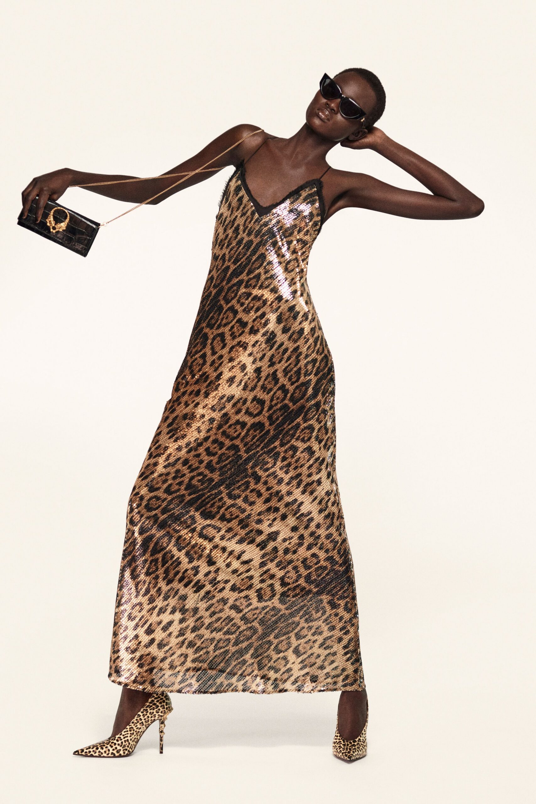 brown sequin sleeveless v-neck fitted animal-print shiny gown