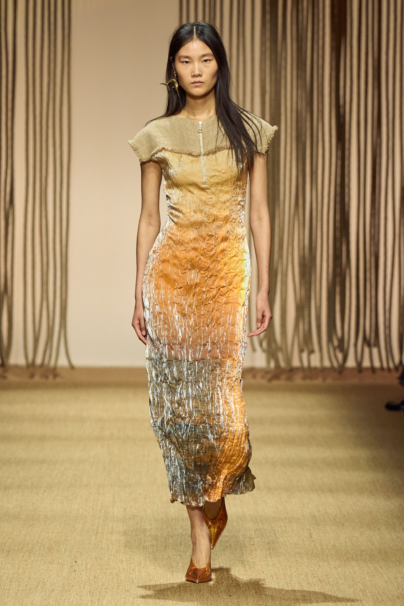 gold silk short-sleeve v-neck fitted draped shiny dress