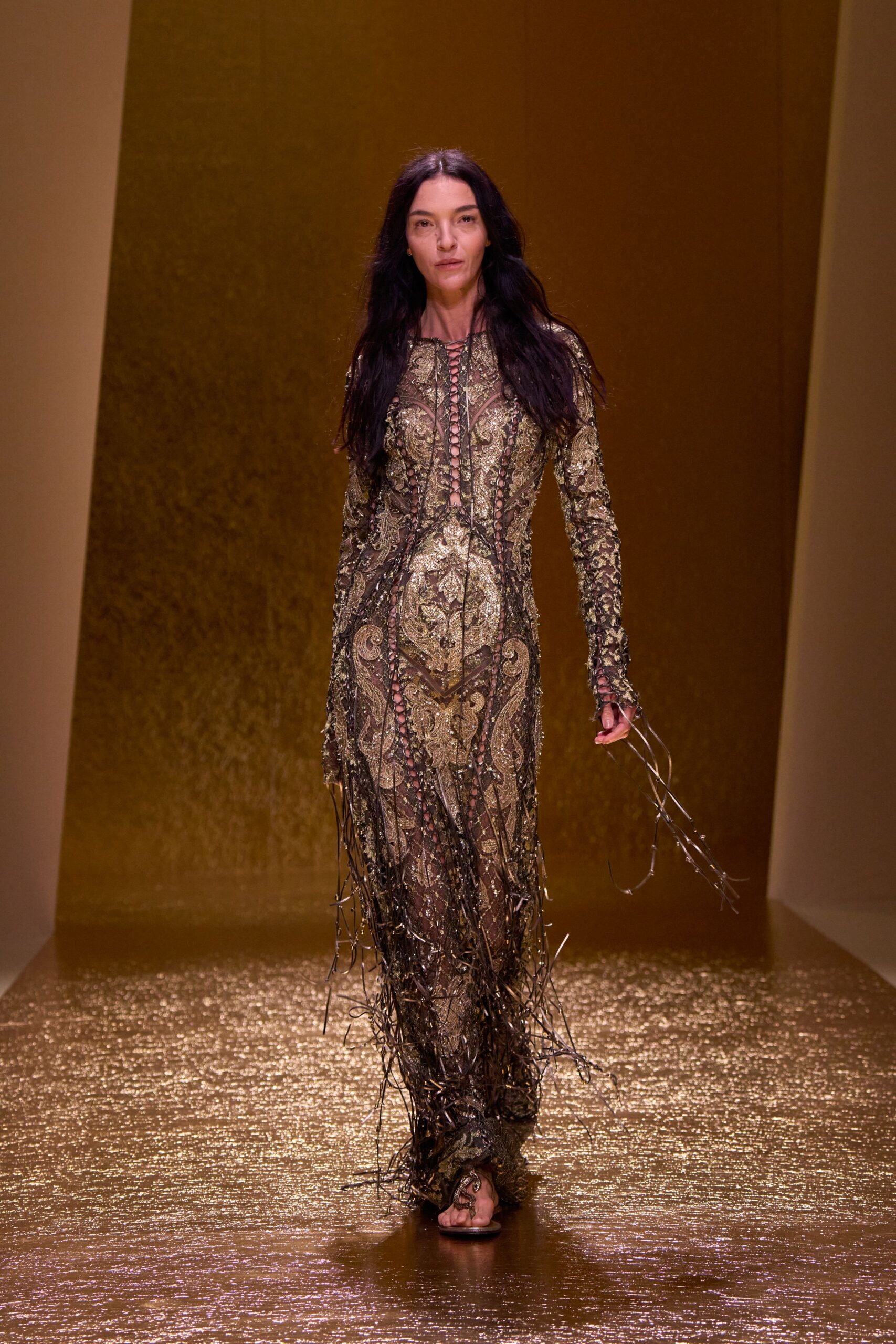 gold lace long-sleeve high-neck fitted embroidered fringed gown
