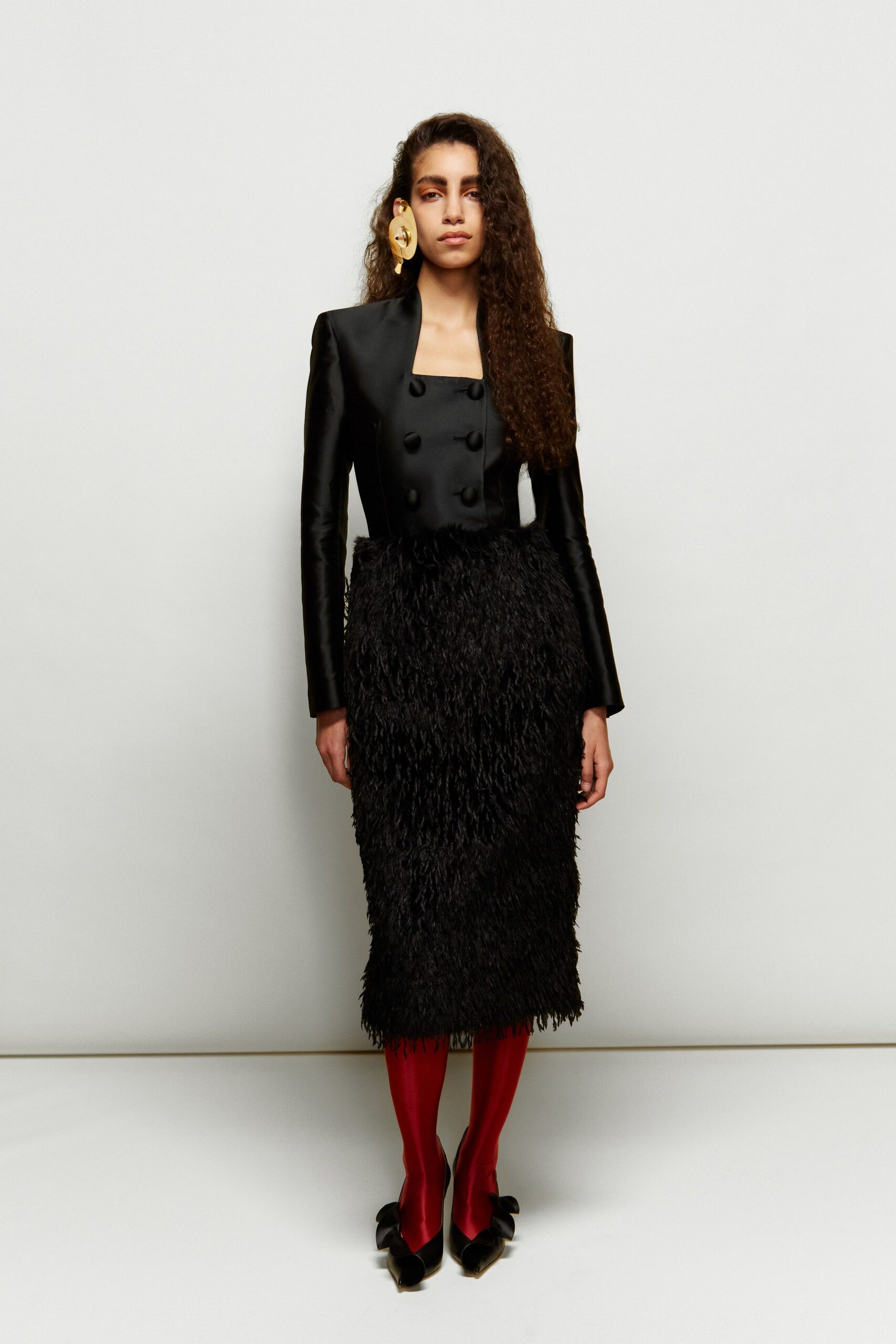 black silk long-sleeve collared structured blazer