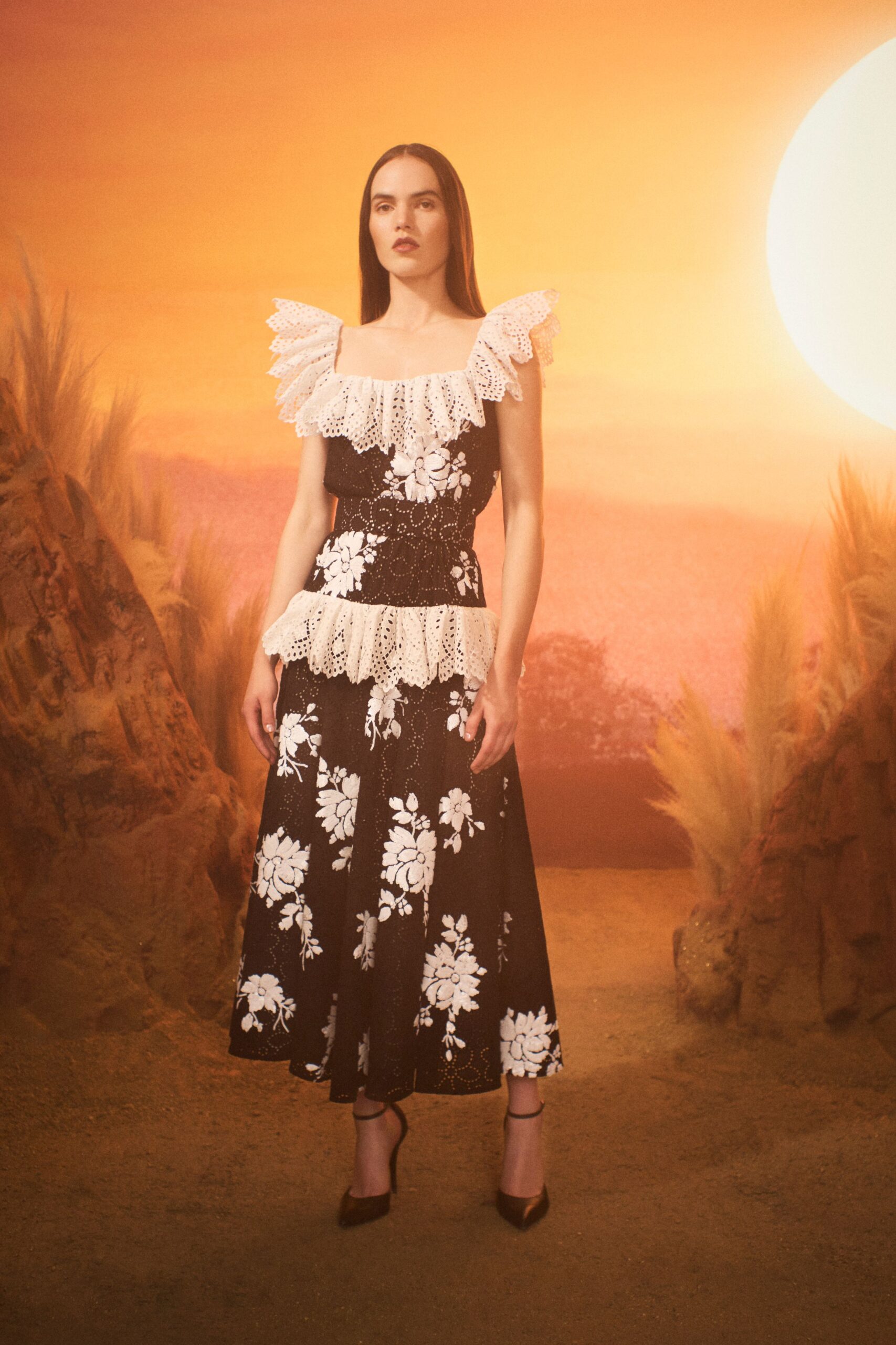 black cotton sleeveless off-shoulder fitted floral ruffled dress