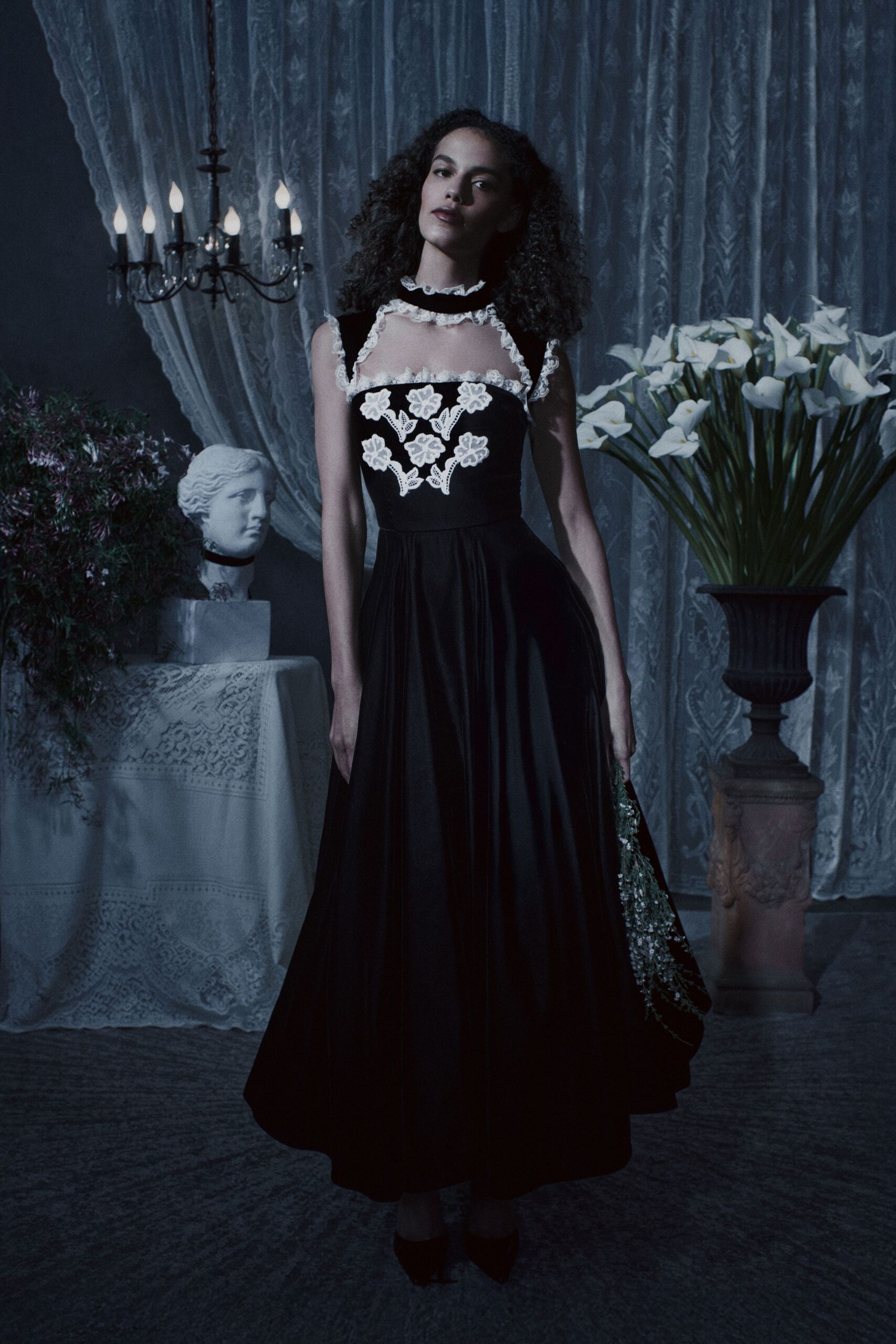 black silk sleeveless v-neck fitted embroidered a-line gown