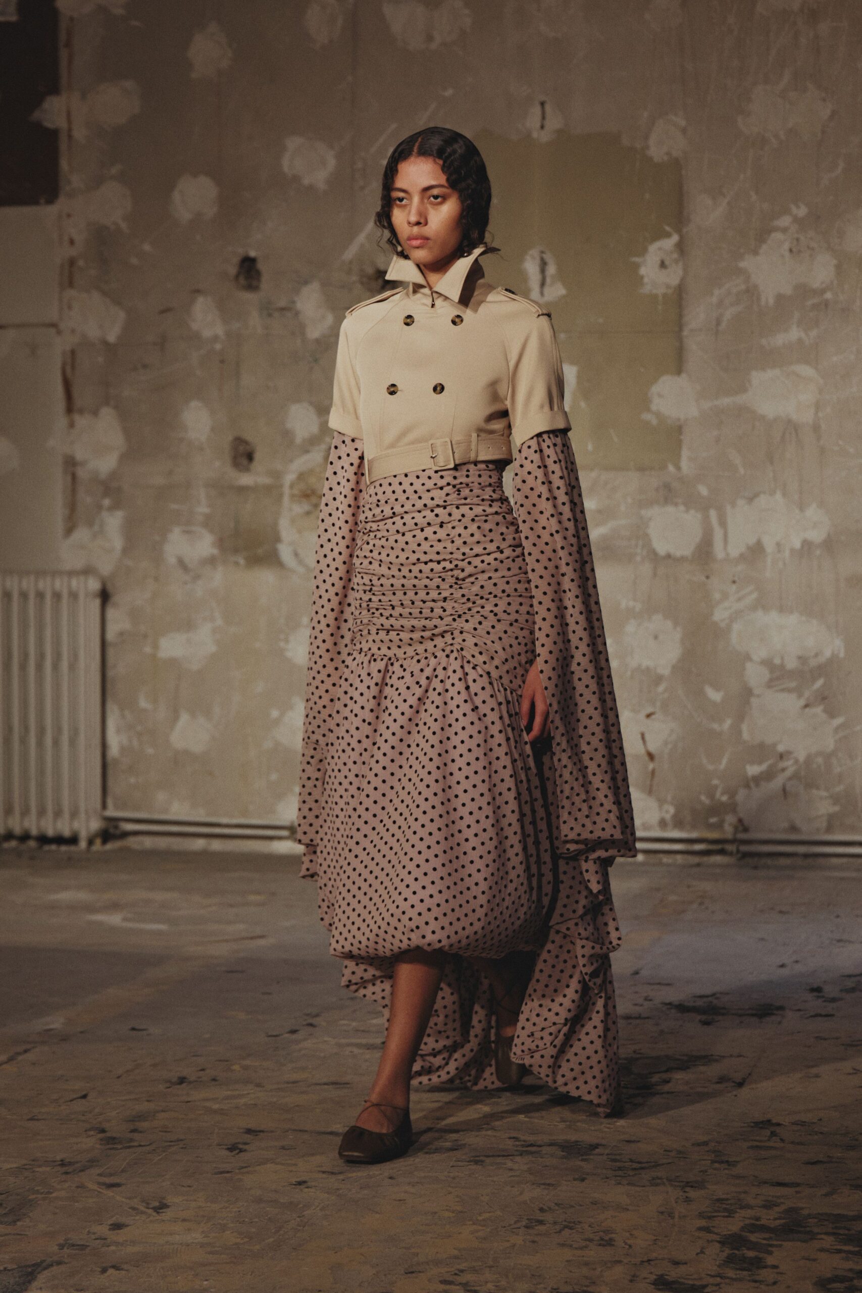 beige cotton long-sleeve collared fitted polka-dot tiered dress