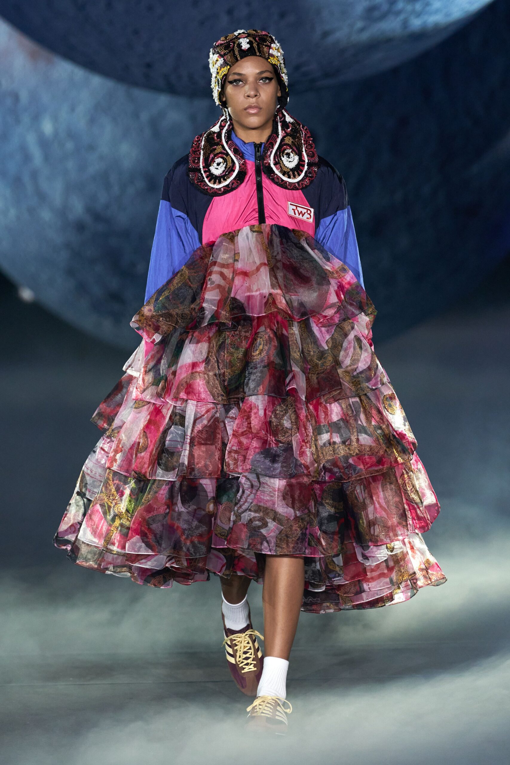 pink tulle long-sleeve collared relaxed tiered flared dress