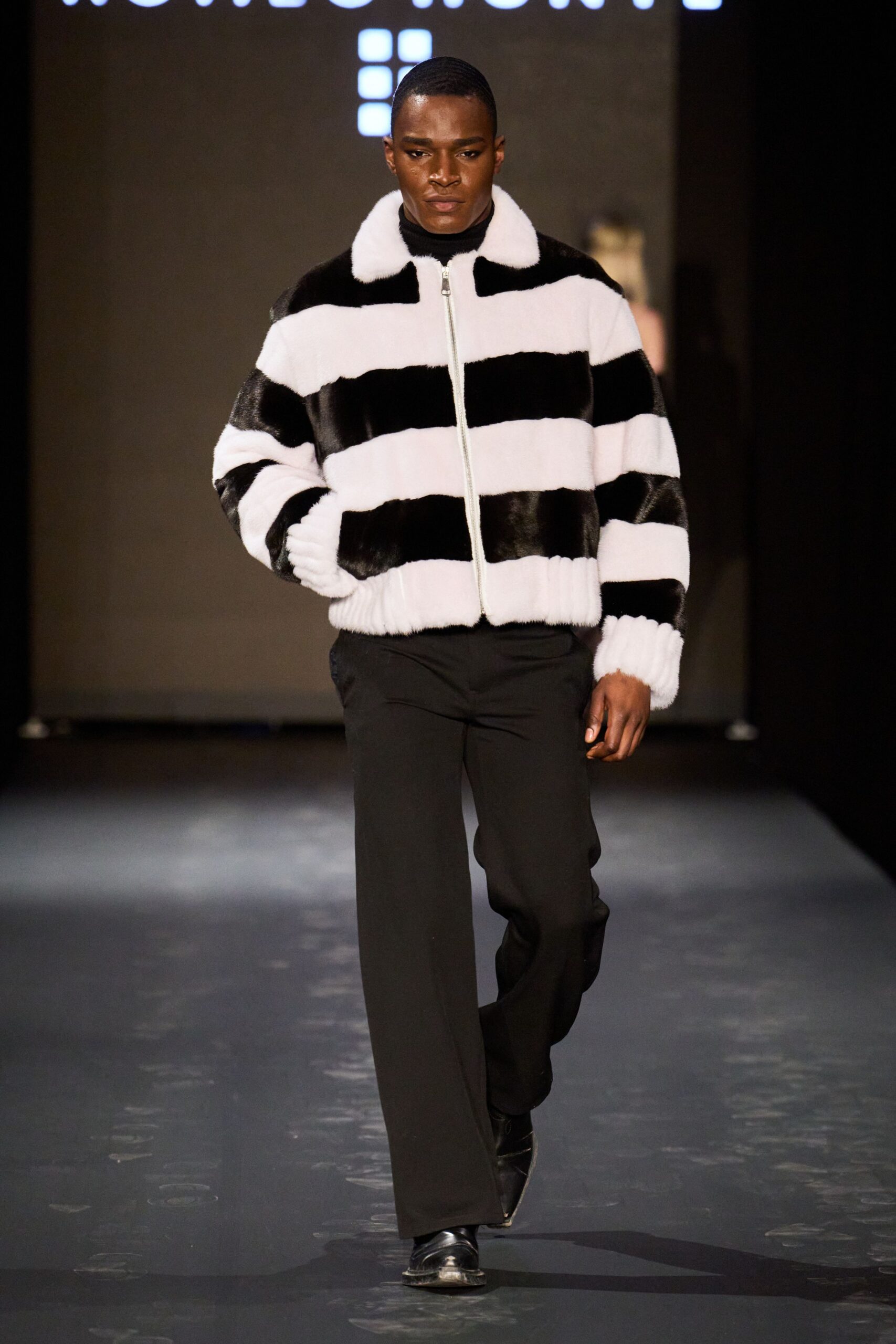 black and white striped faux-fur jacket