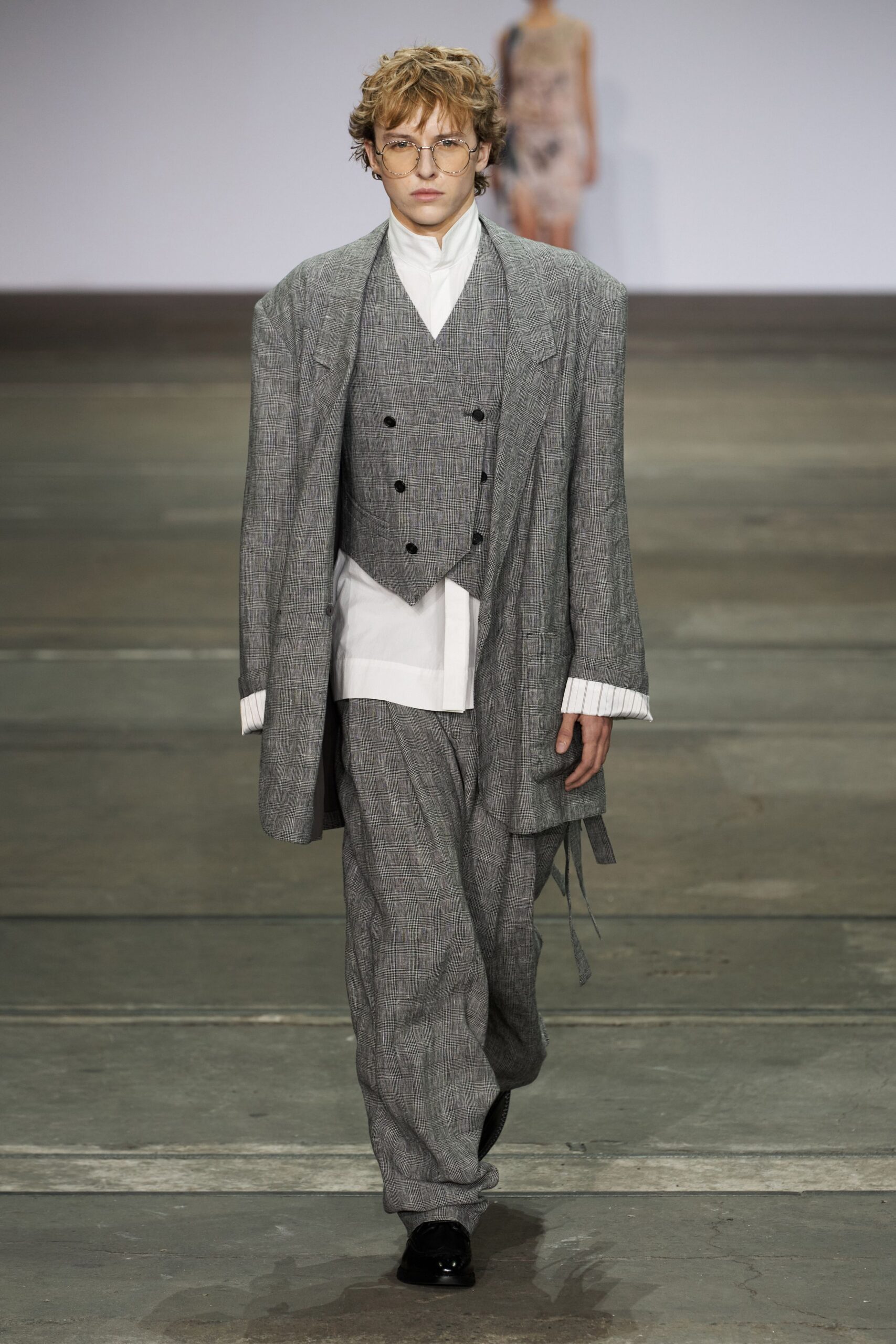 gray relaxed suit with white shirt