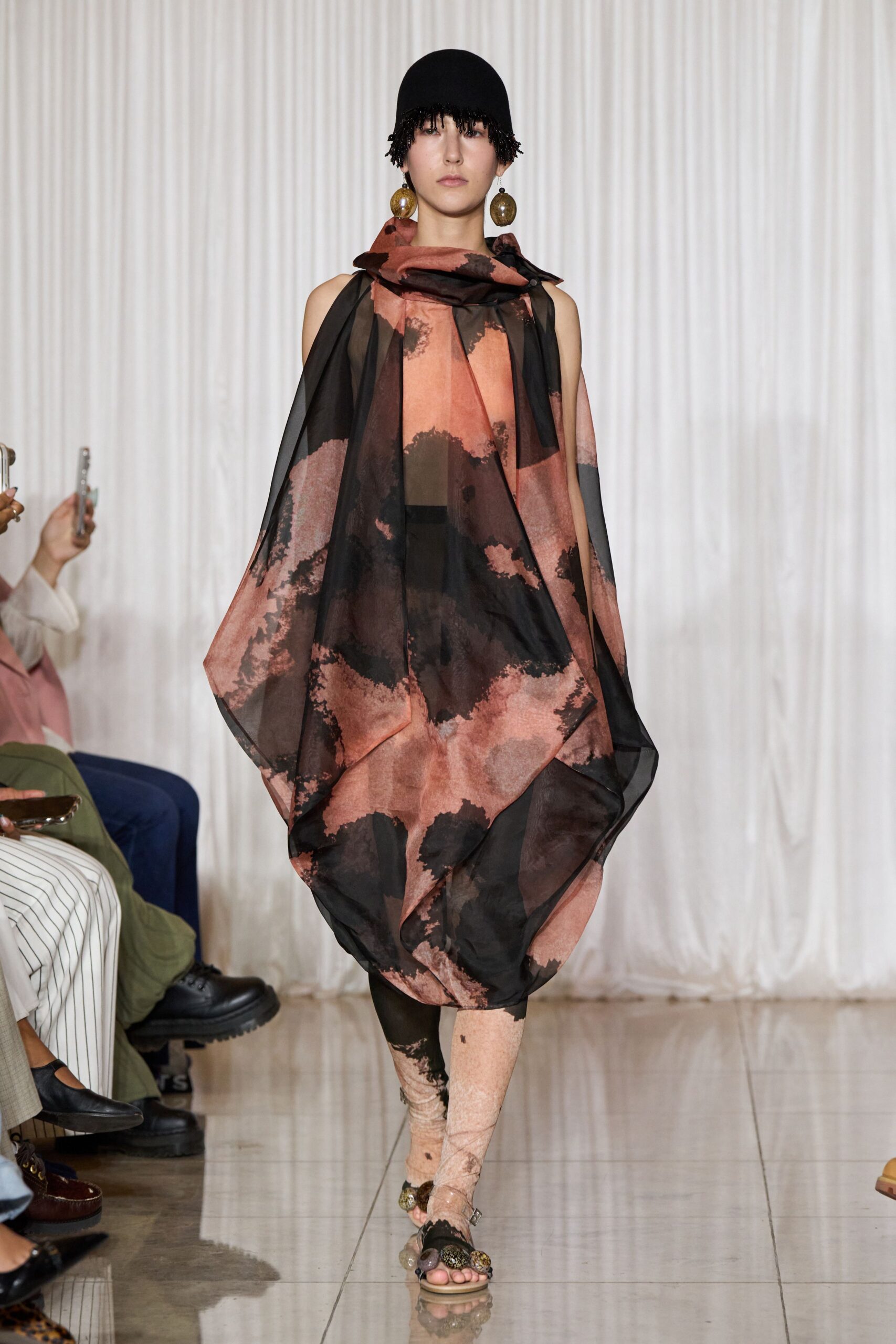 black silk sleeveless high-neck relaxed draped flowing dress