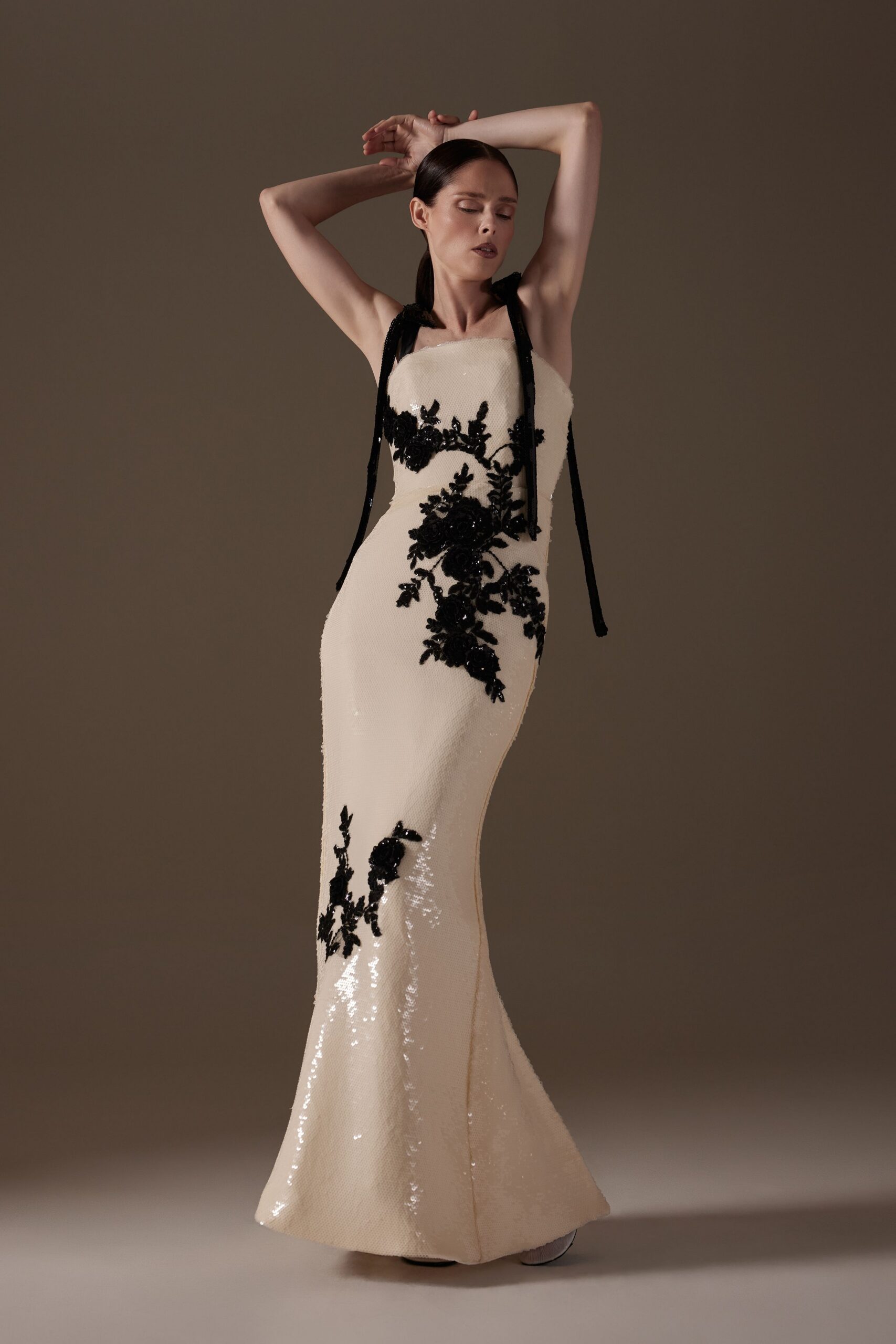 ivory and black embroidered gown