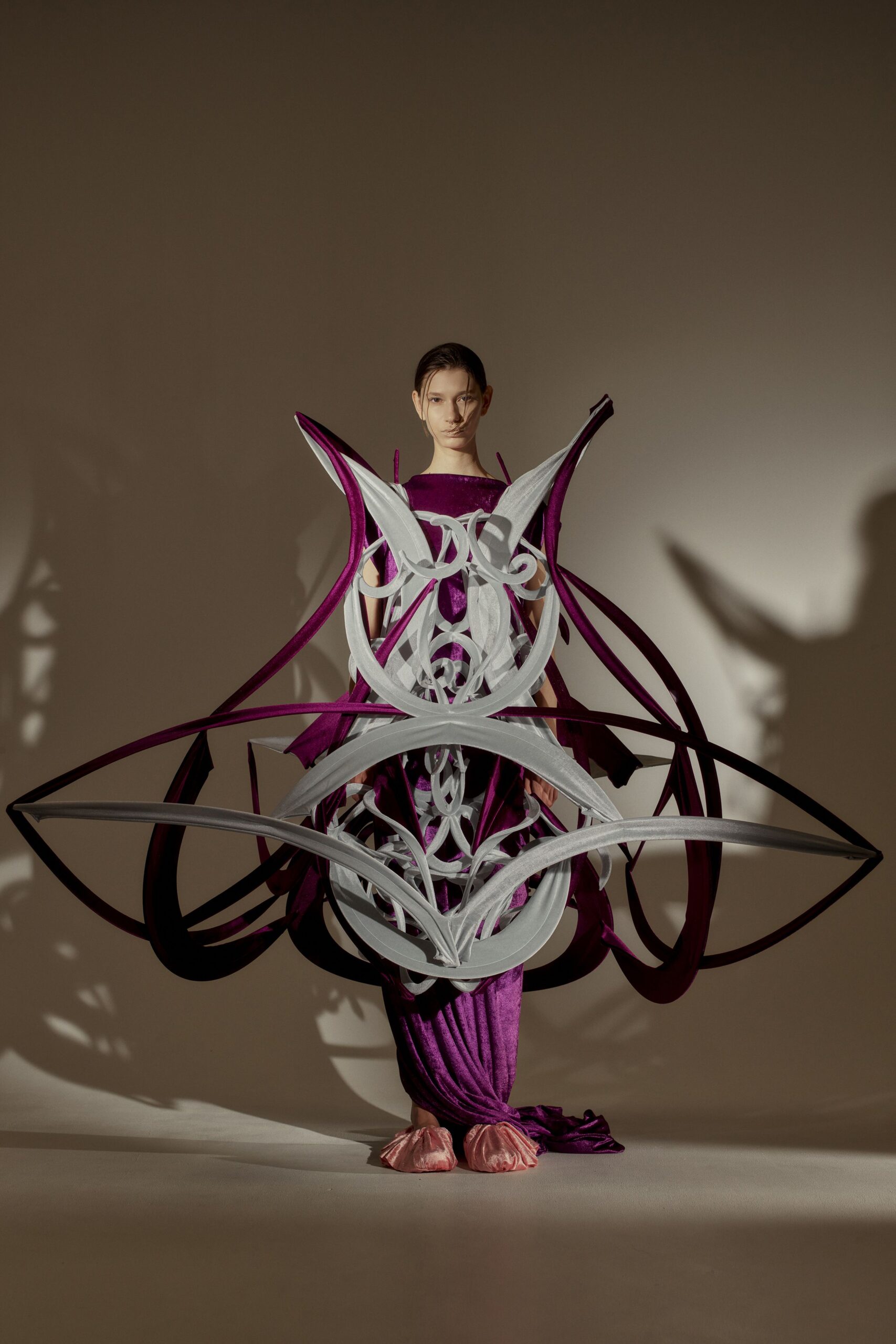 purple silk sleeveless gown