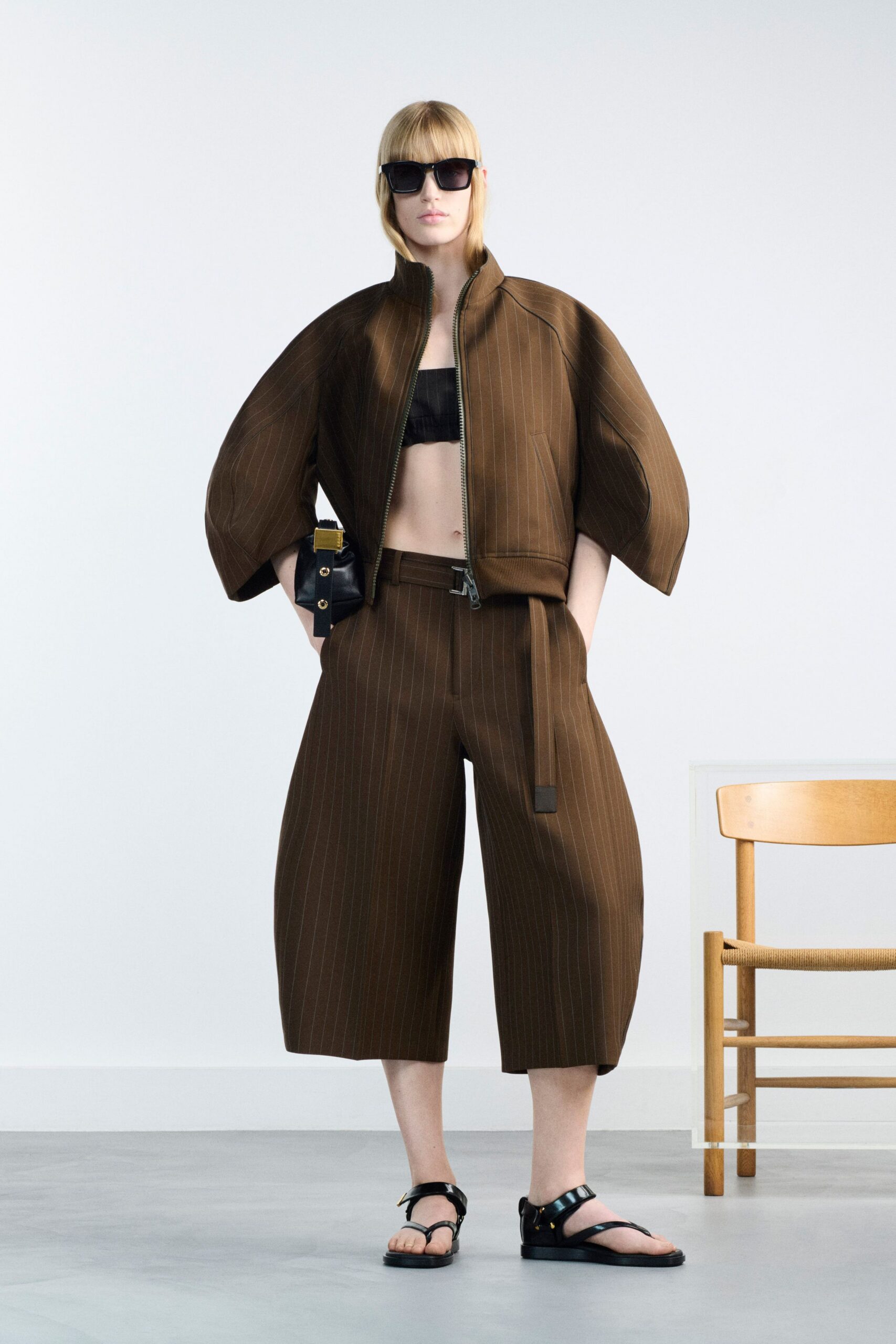 brown cotton short-sleeve collared relaxed striped zippered jacket