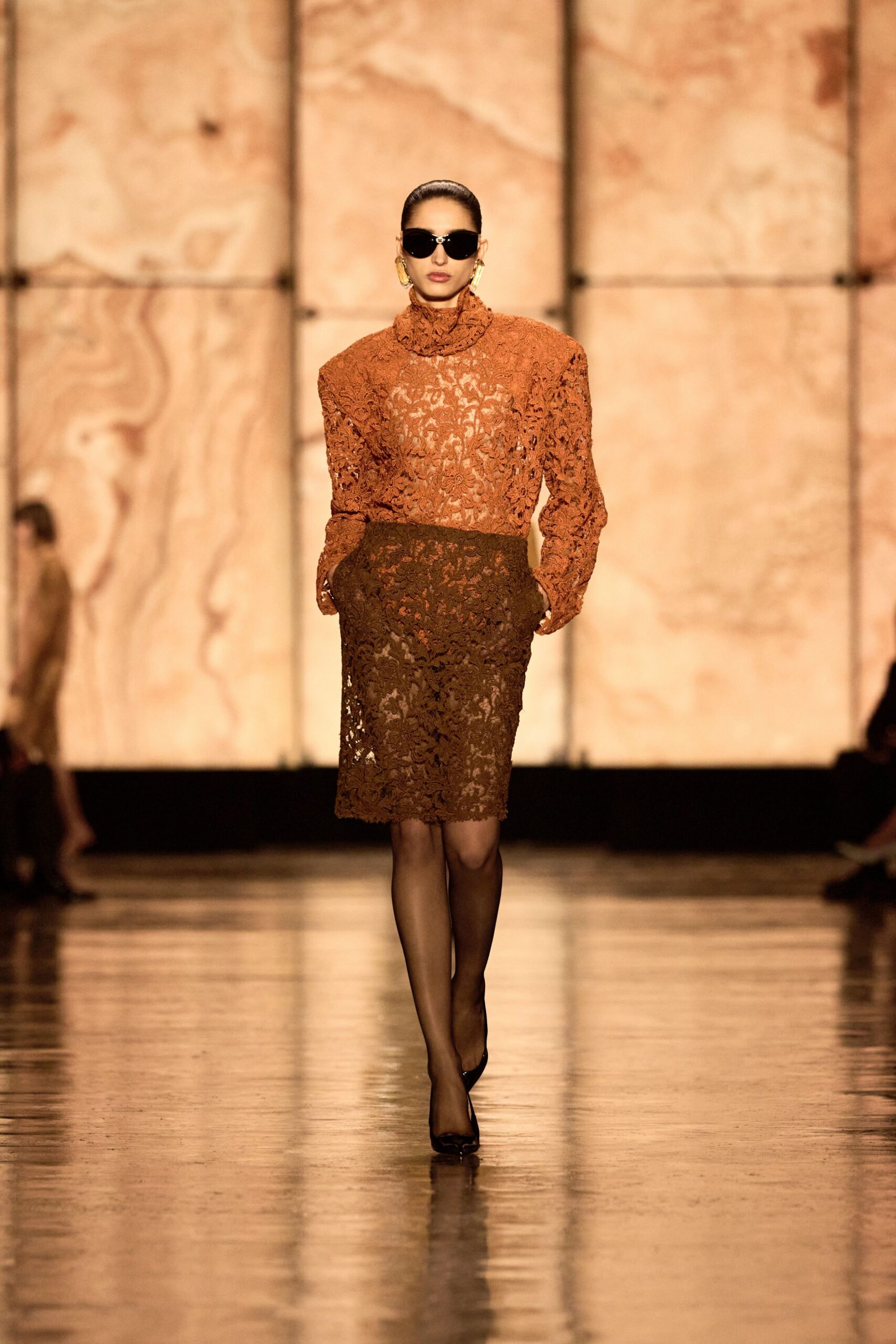 orange lace long-sleeve high-neck fitted embroidered top