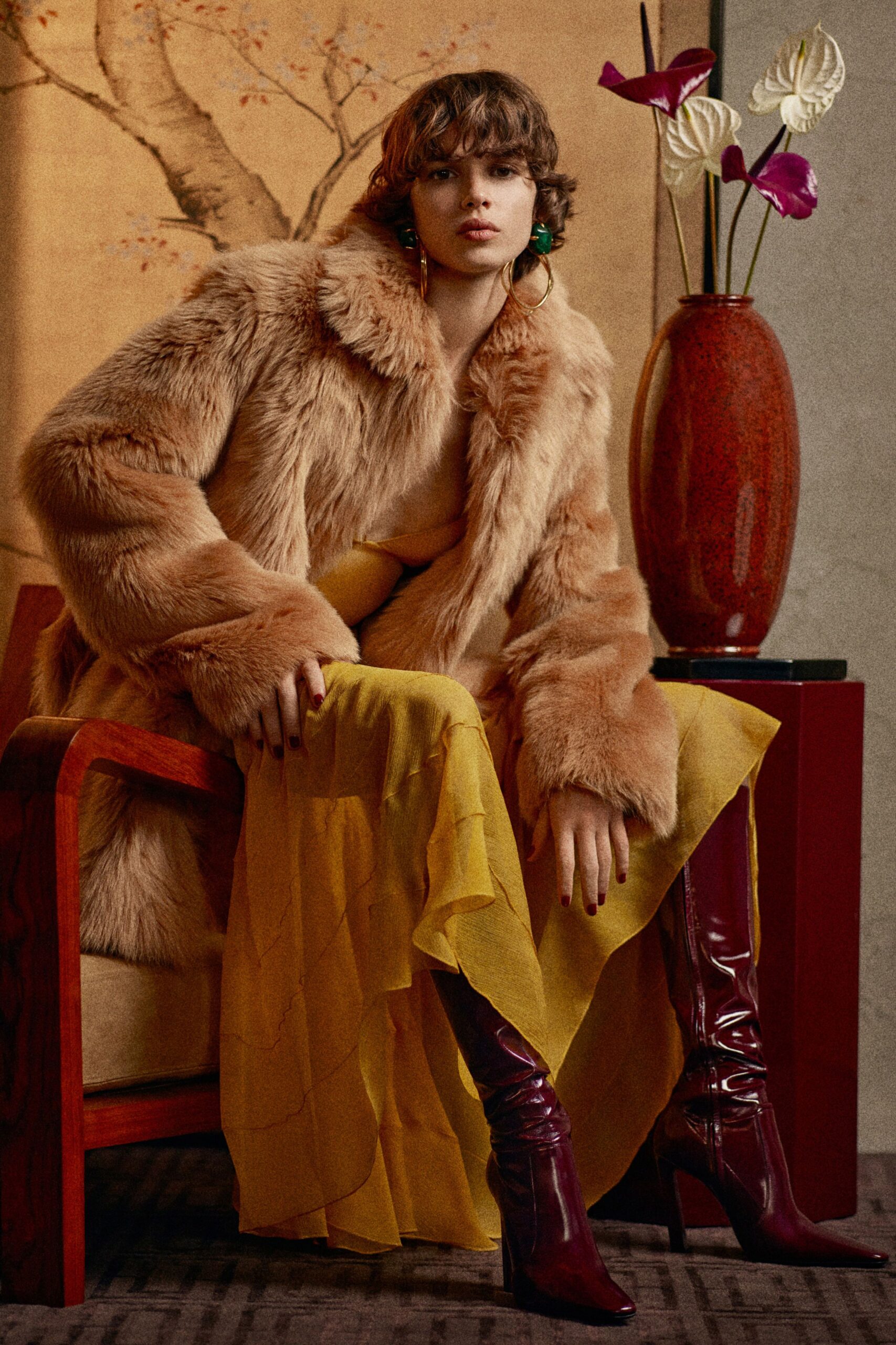 brown faux-fur coat yellow dress red boots