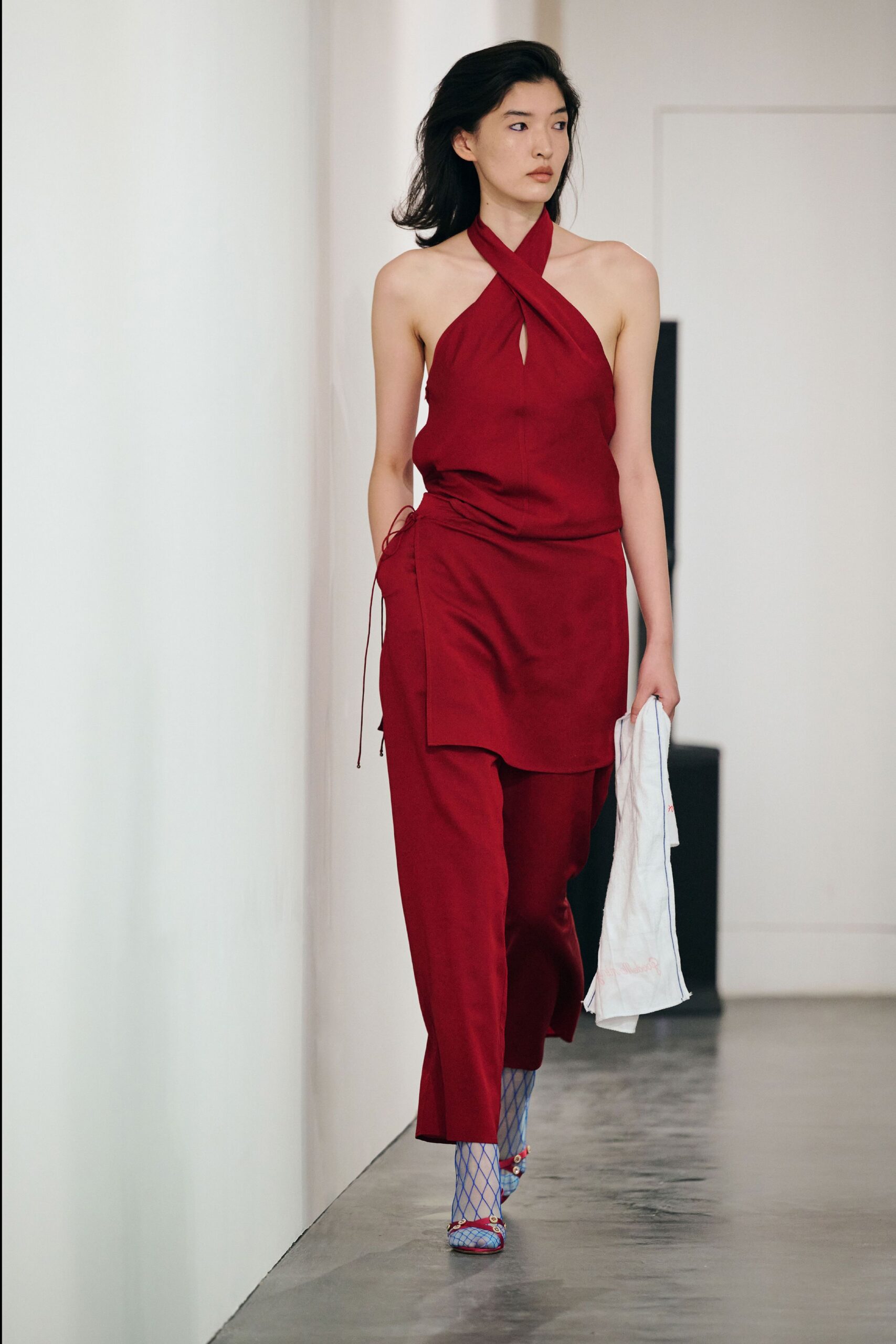 red silk fitted top and pants