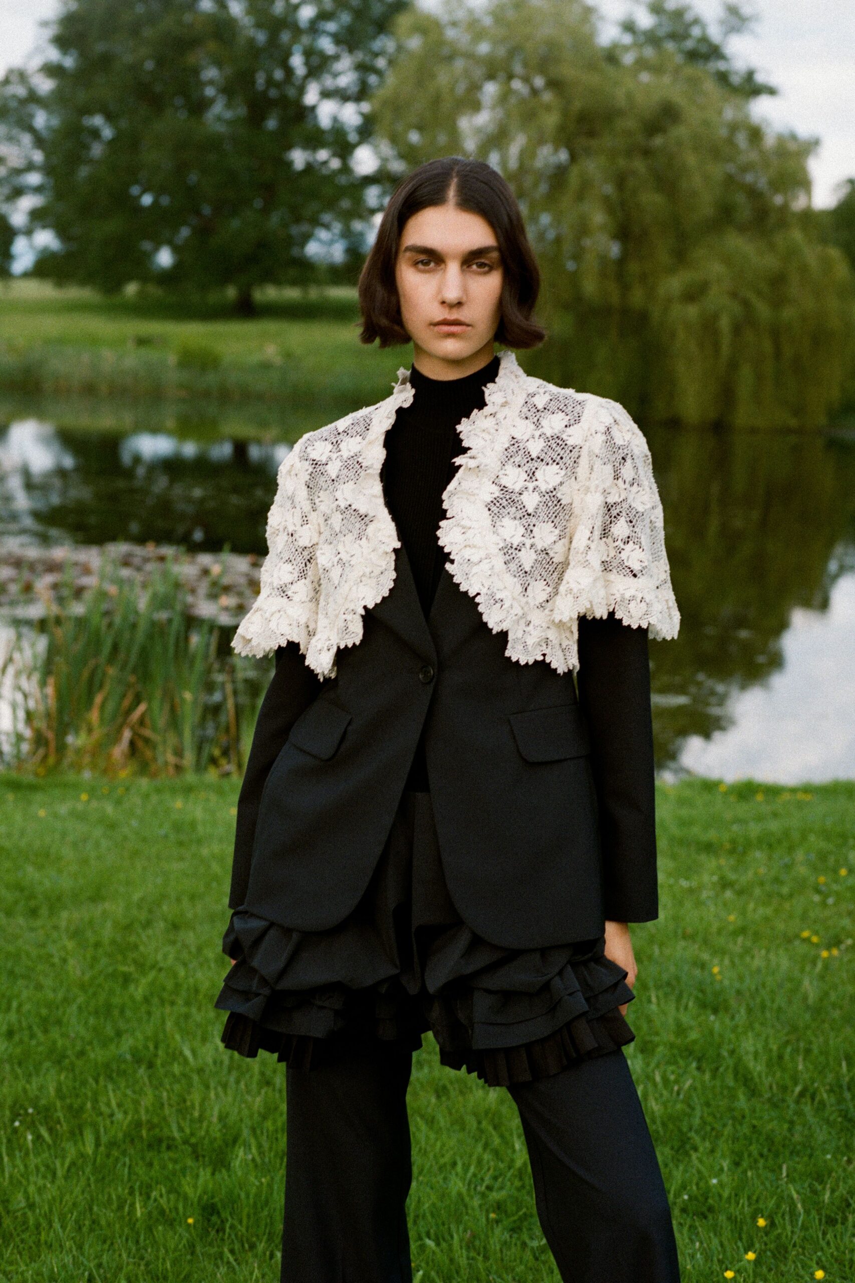 black tailored blazer with tiered skirt
