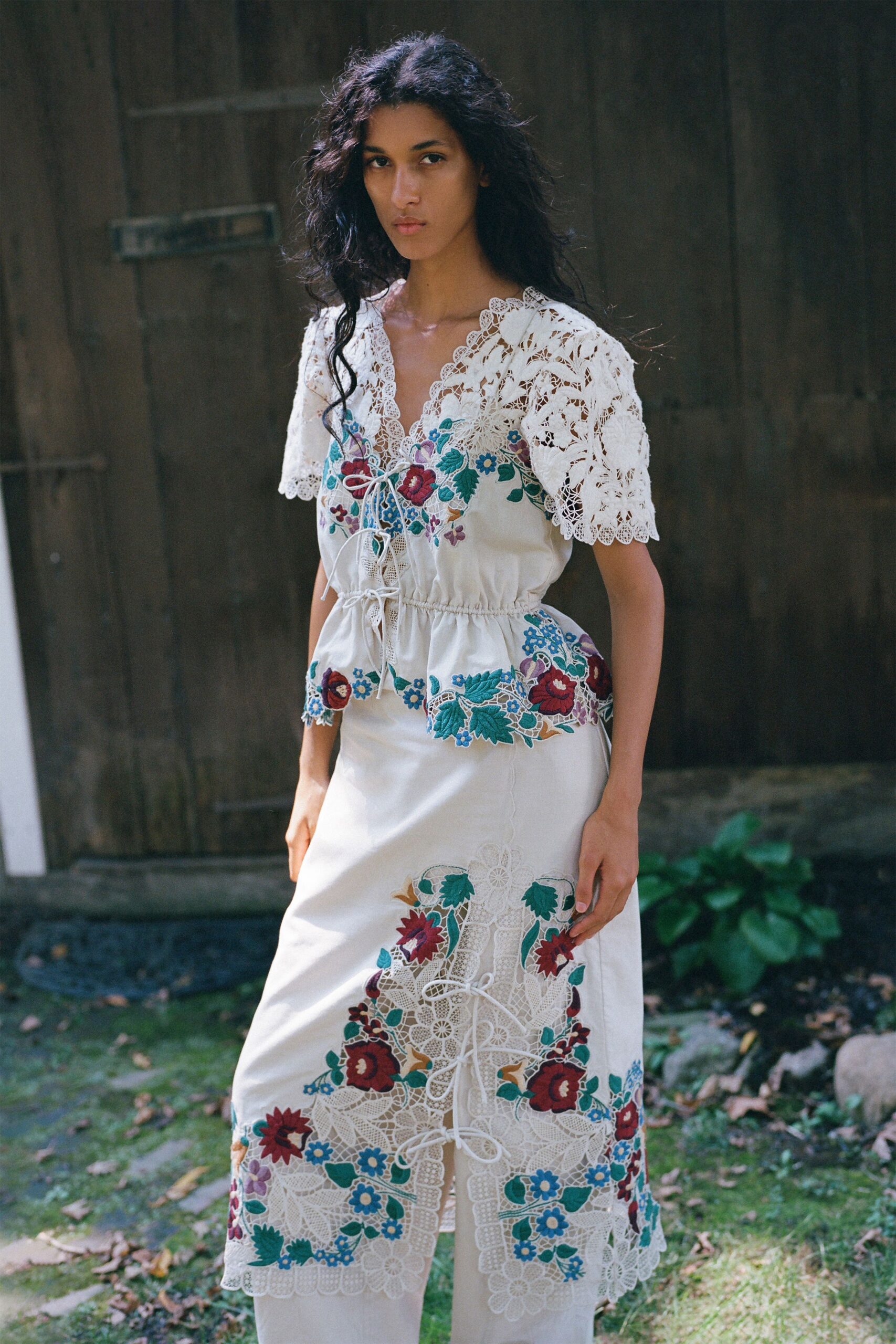 white cotton fitted embroidered maxi skirt