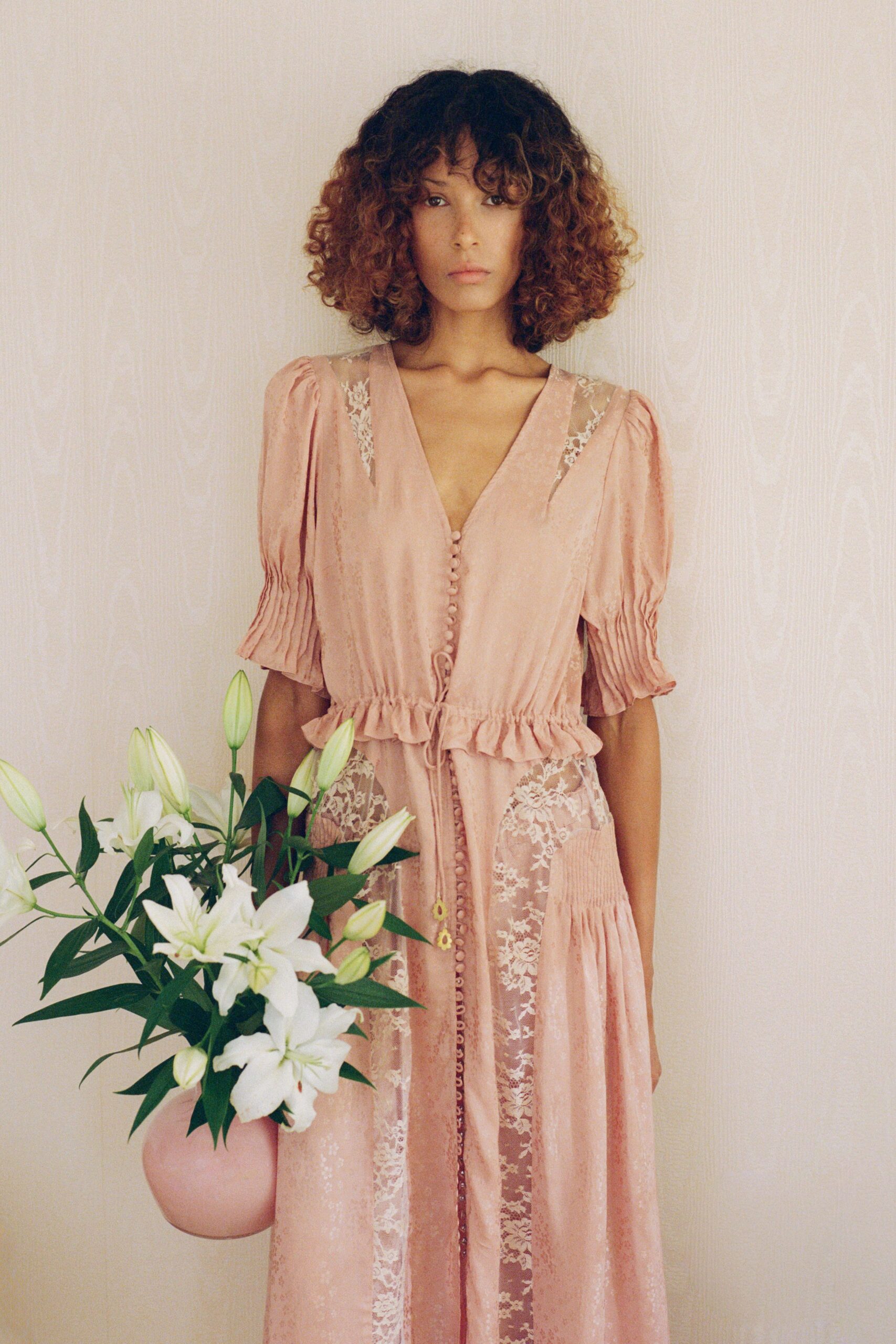 pink silk ruffled maxi dress