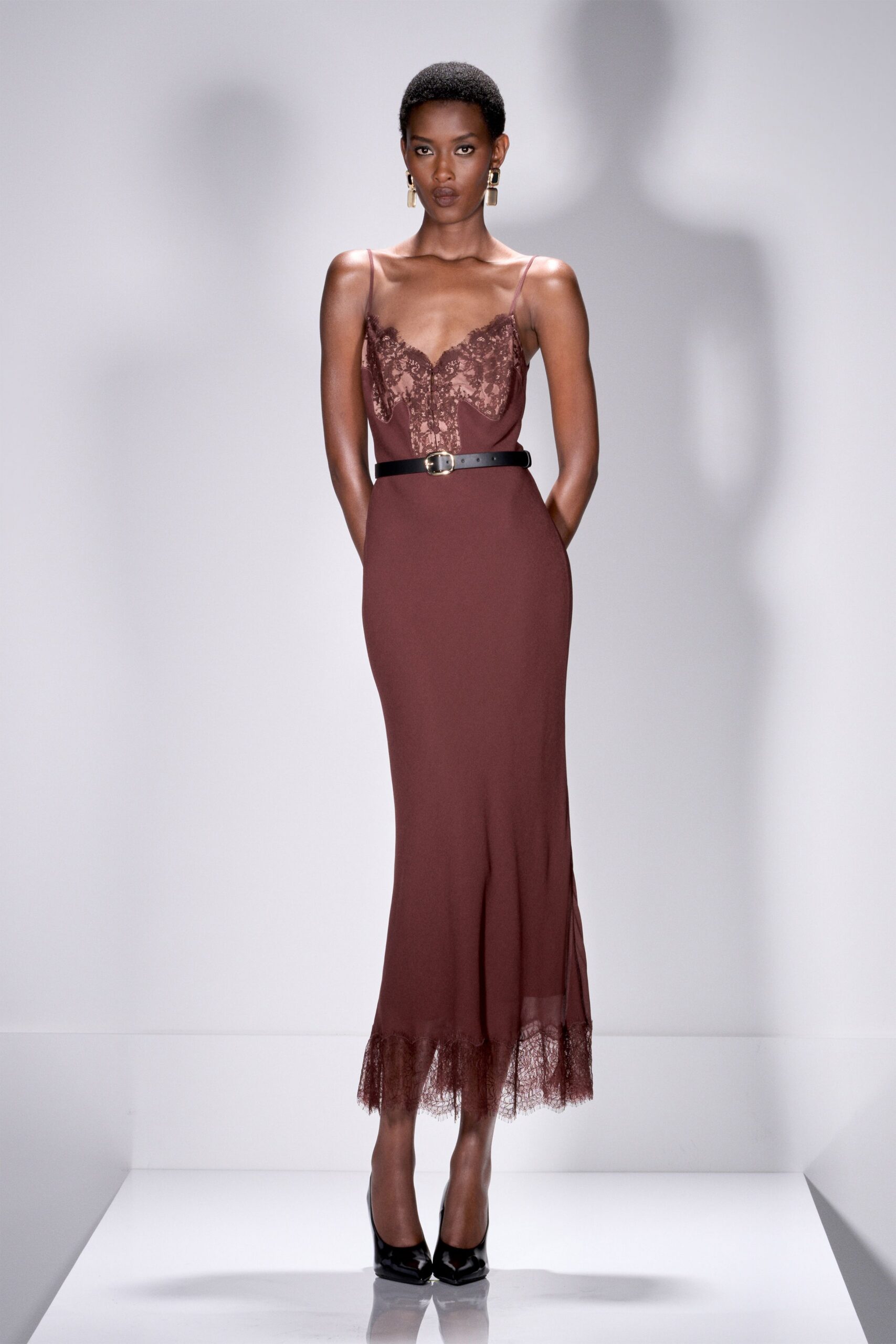 brown silk sleeveless v-neck fitted embroidered tiered dress
