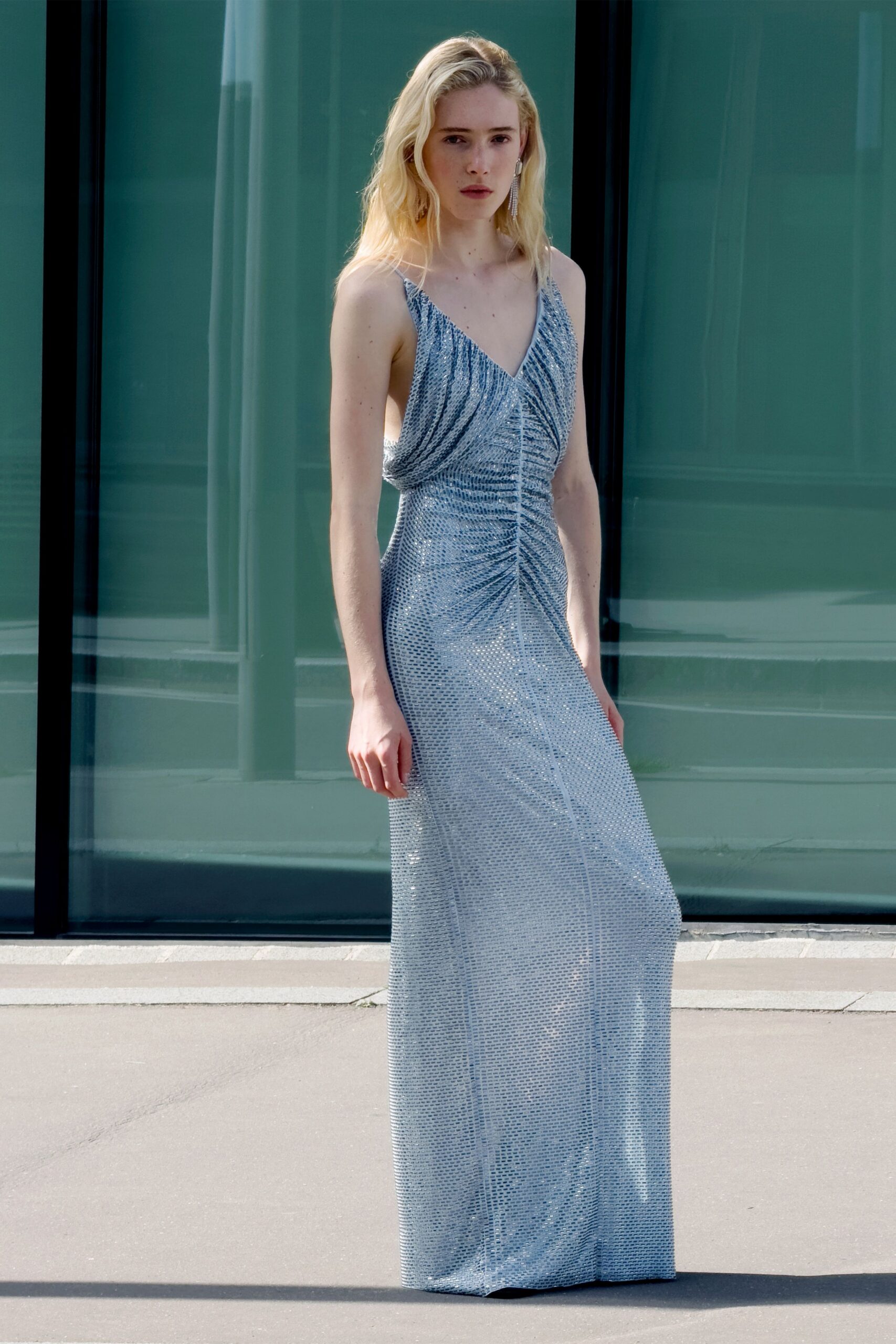 blue sequin sleeveless gown