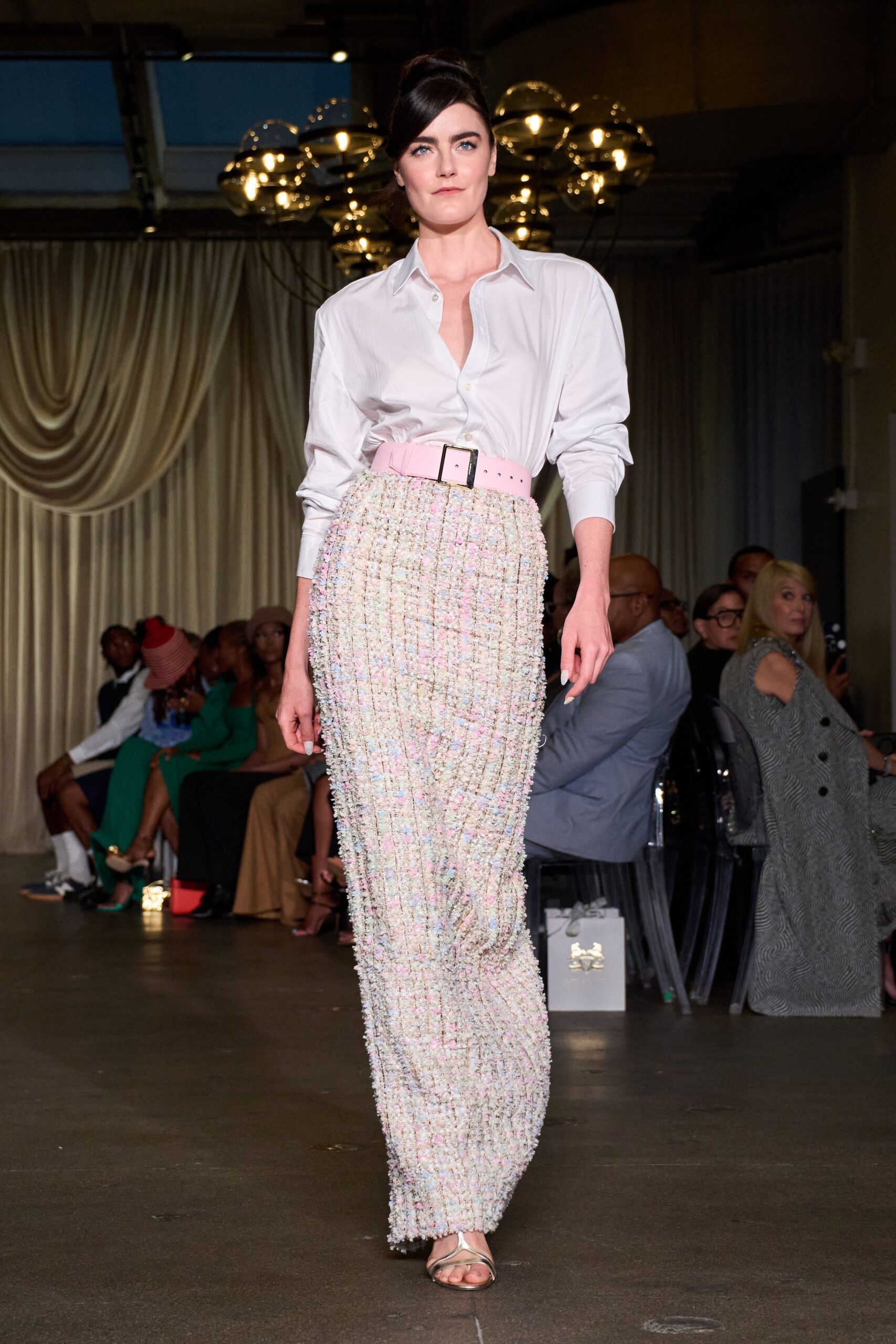 white shirt multi tweed skirt