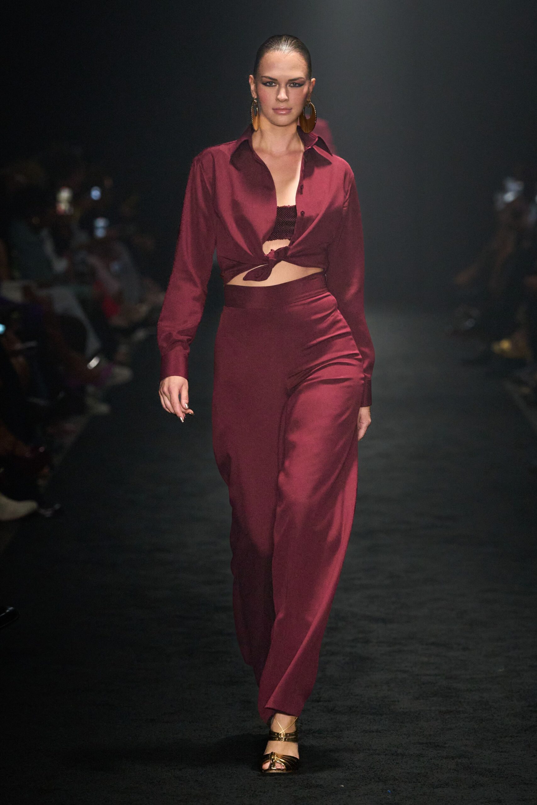 red silk fitted wide-leg pants