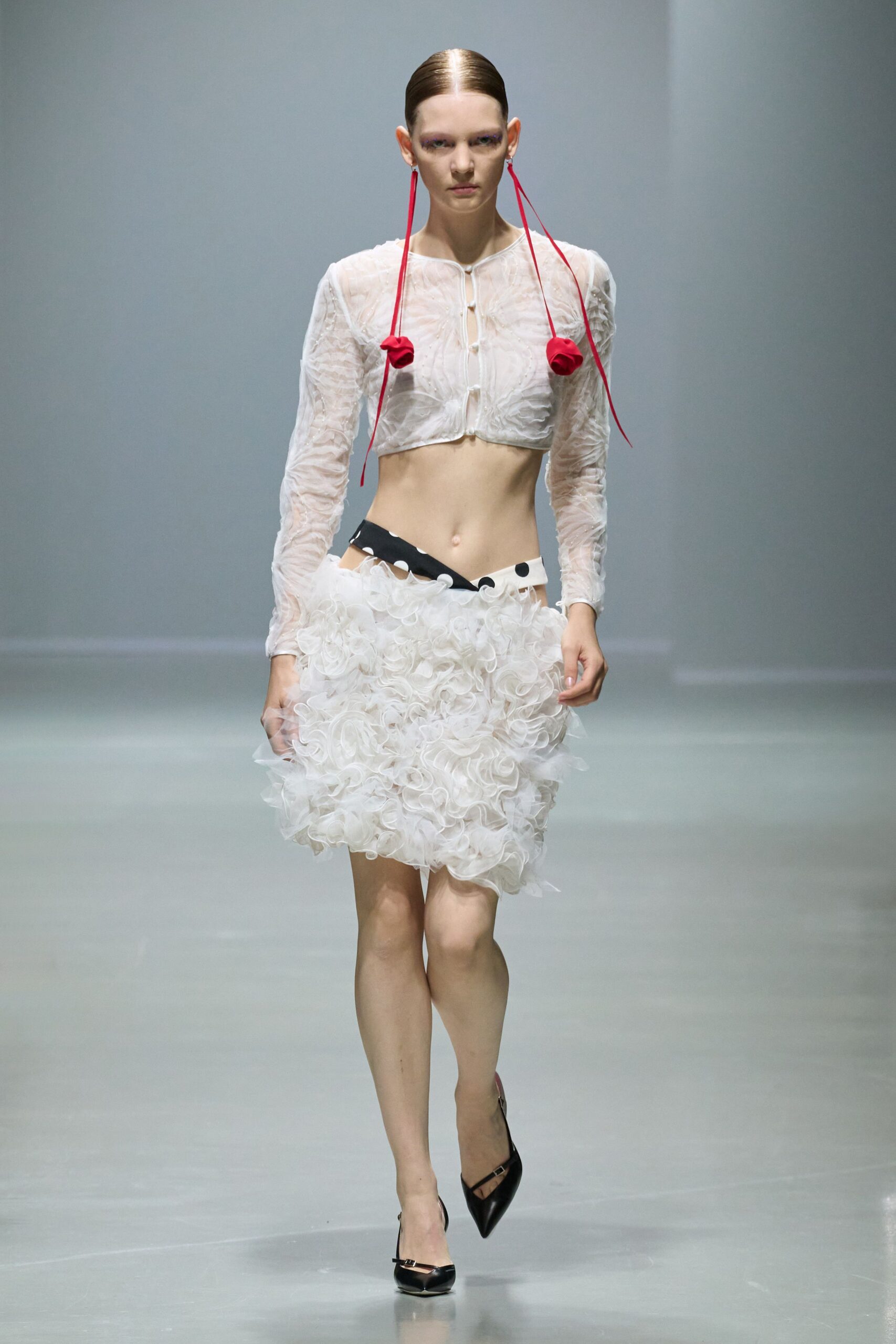 white lace long-sleeve collared fitted ruffled top