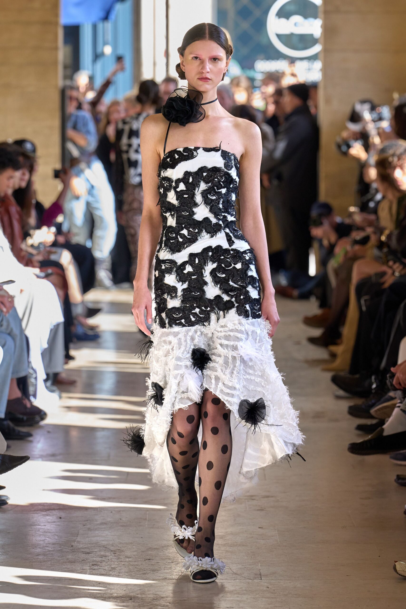 black and white ruffled midi dress
