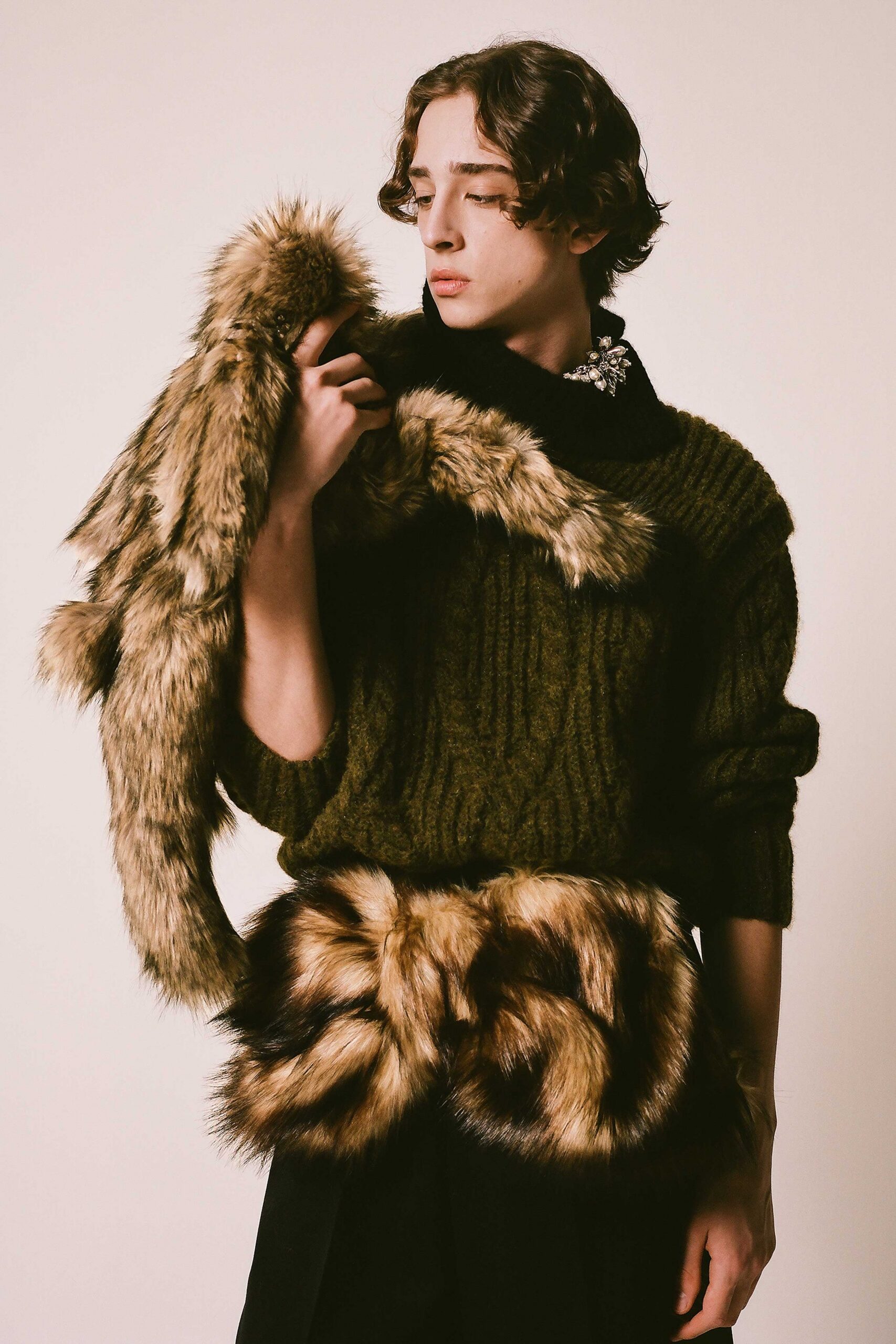 green wool long-sleeve high-neck relaxed textured sweater