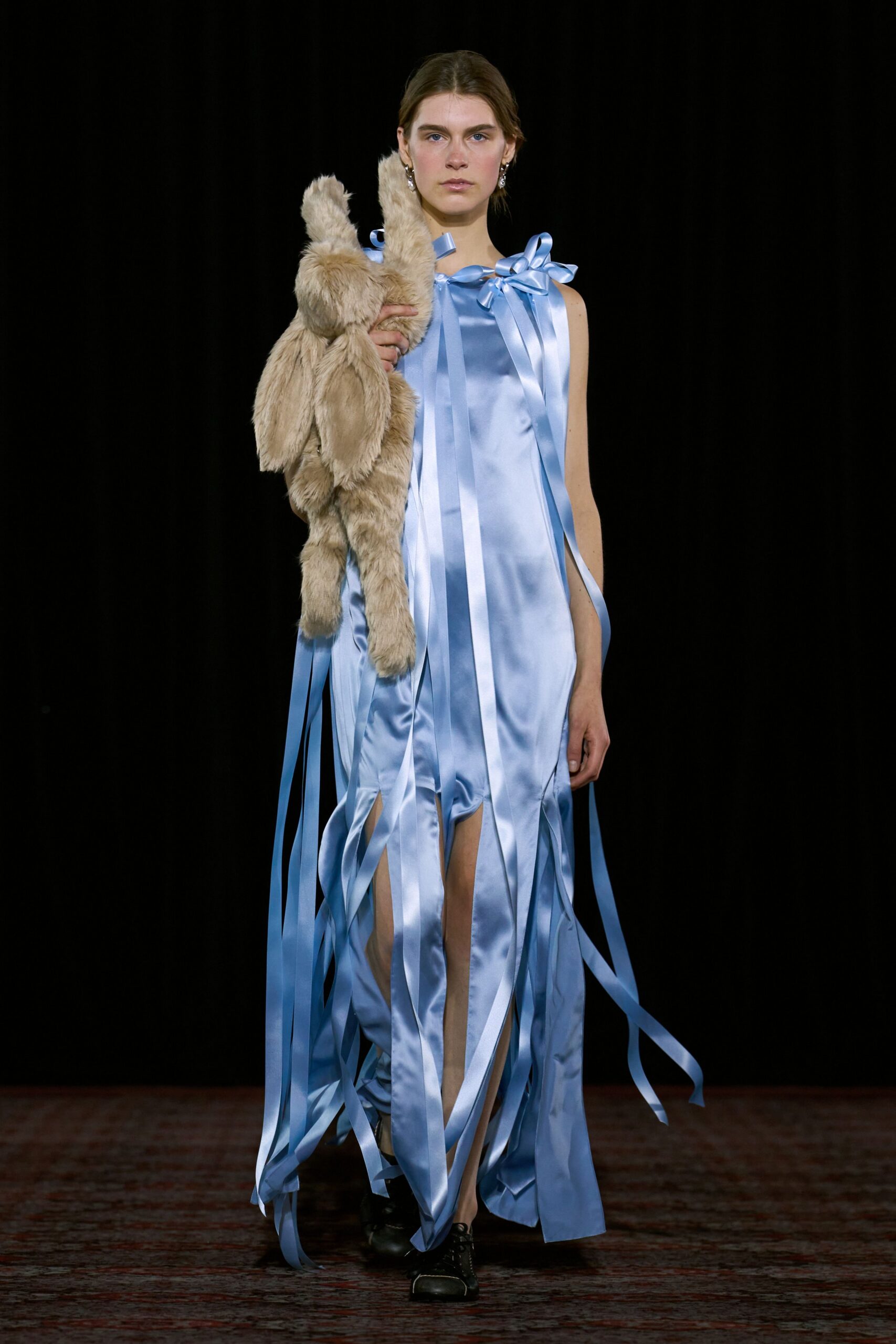 blue satin sleeveless v-neck relaxed draped tiered dress