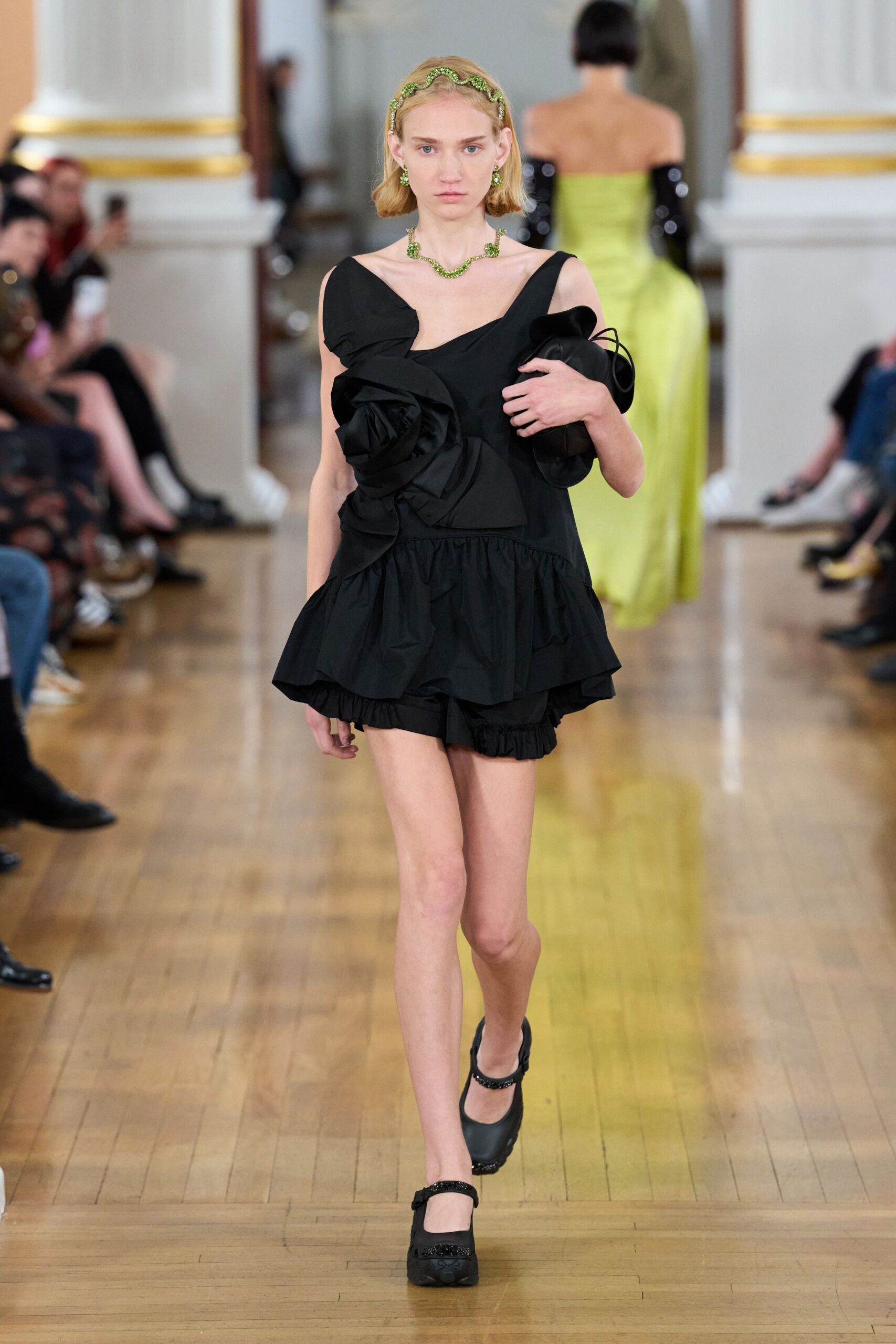 black mini dress with ruffles
