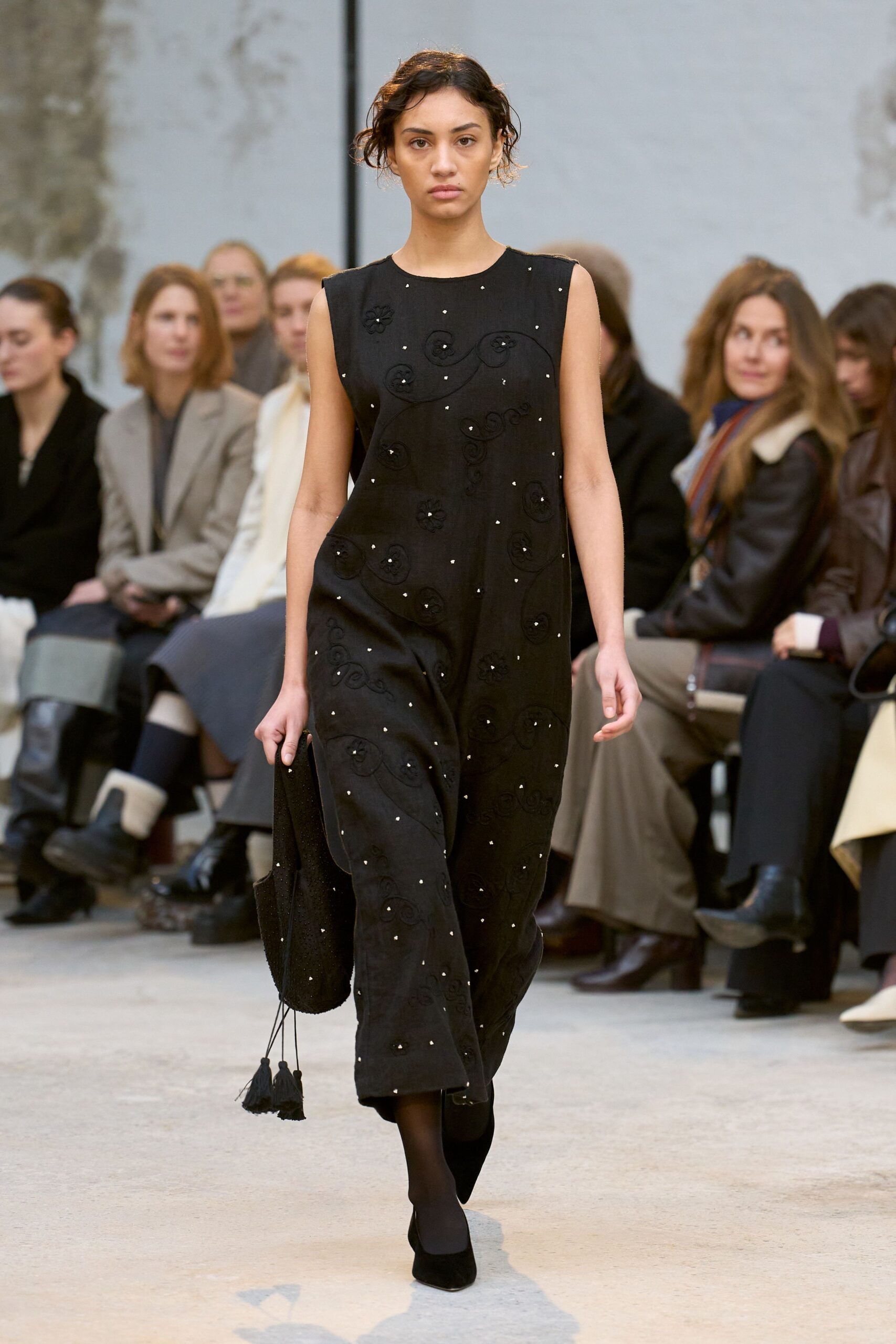 black embroidered midi dress with shoes