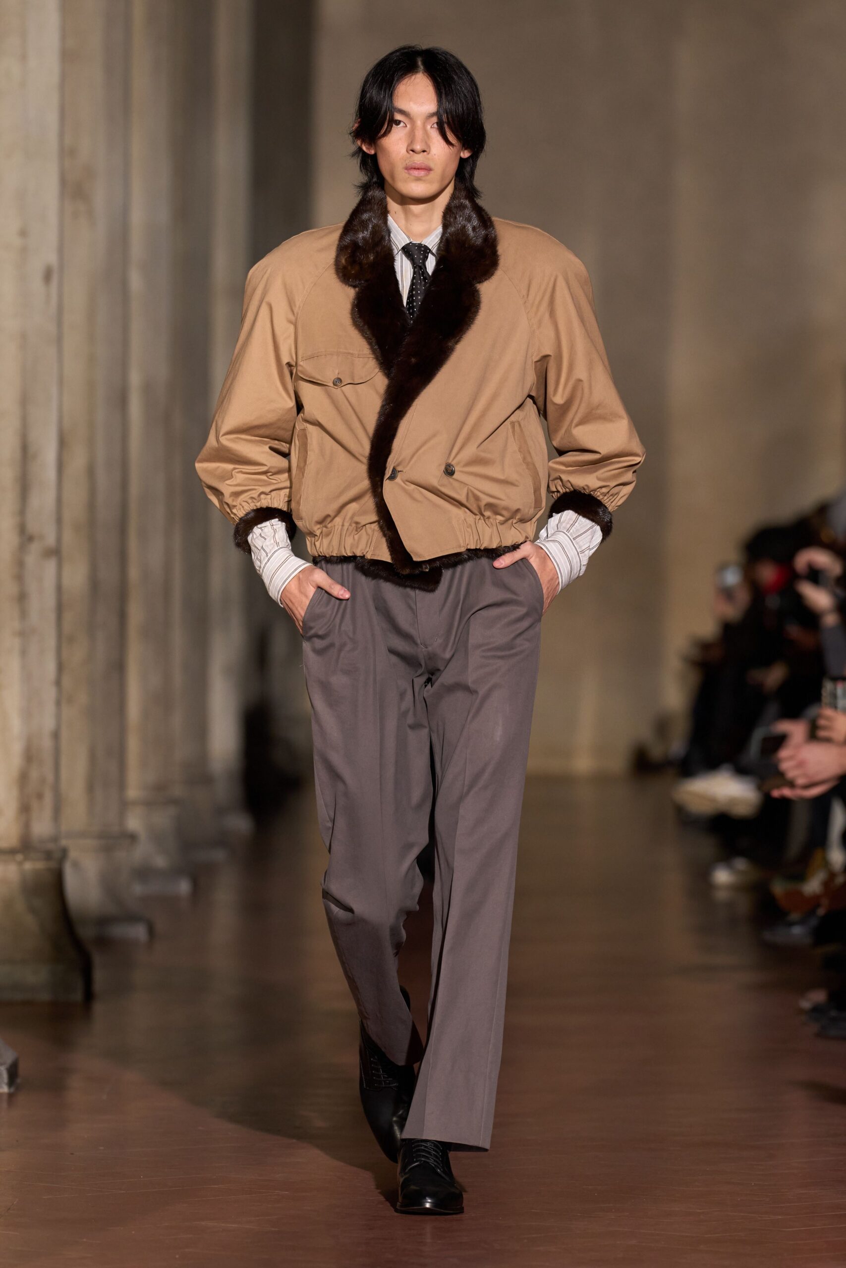beige relaxed jacket with gray pants
