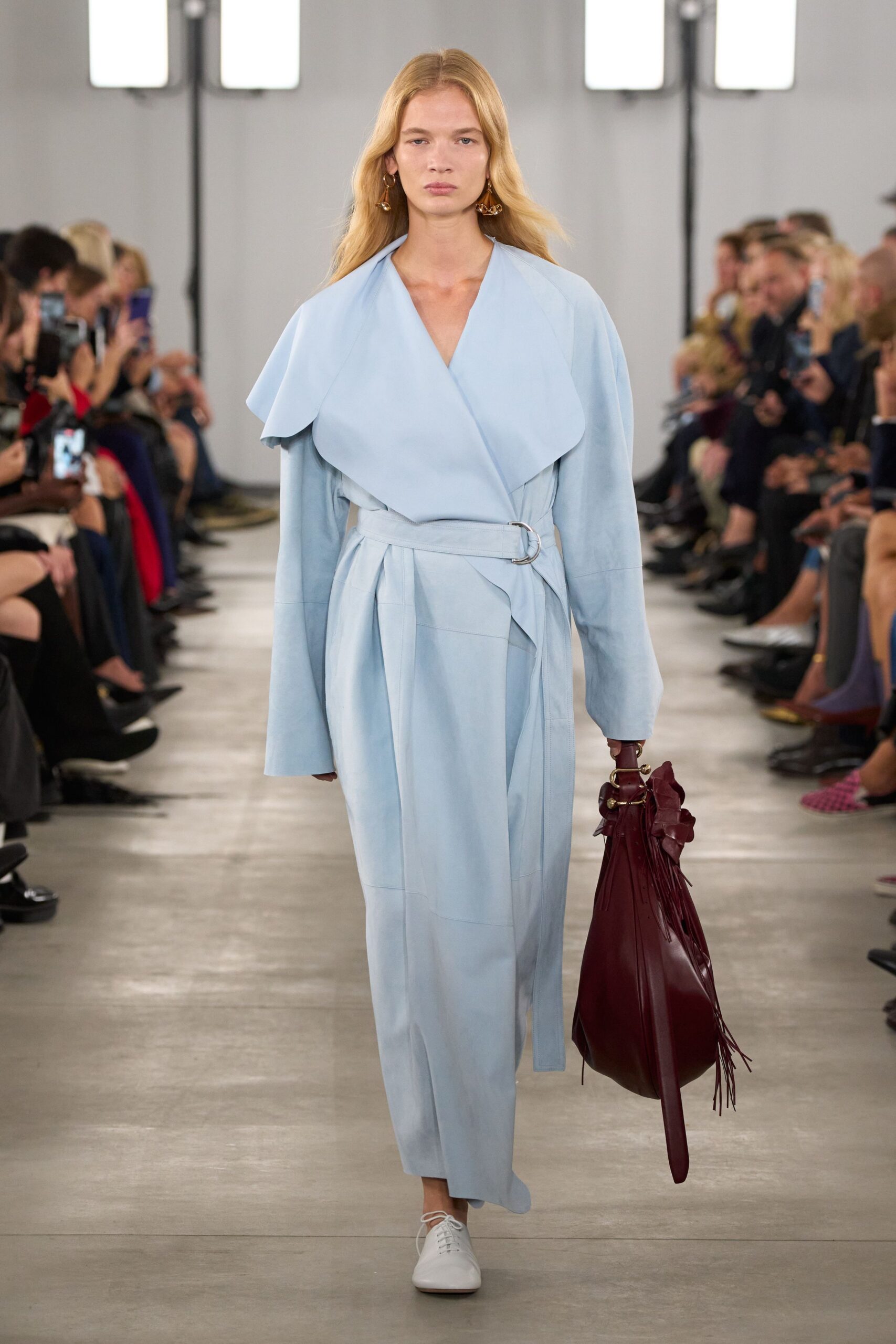 blue leather long-sleeve collared fitted belted midi dress