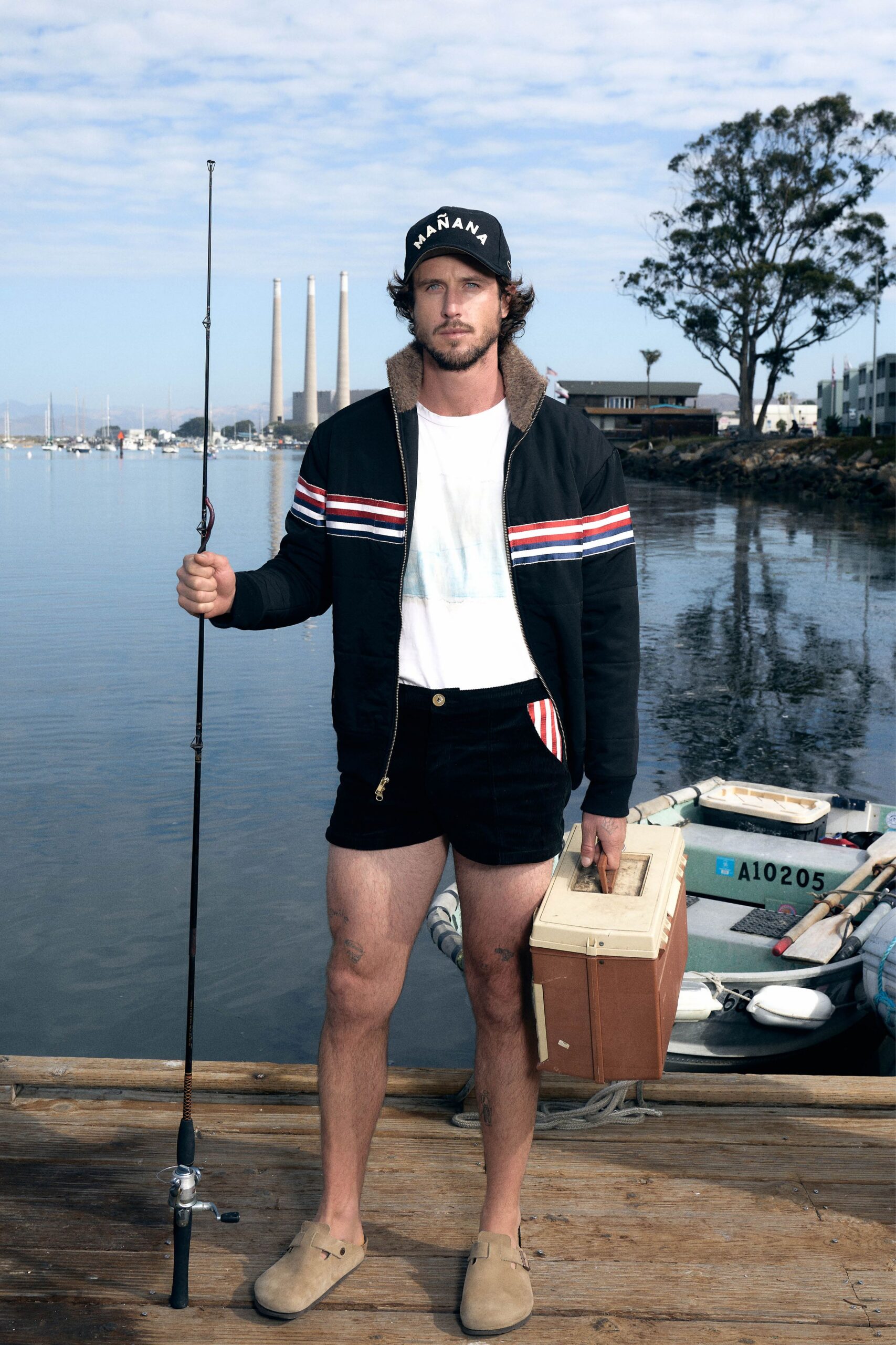 black jacket white t-shirt shorts