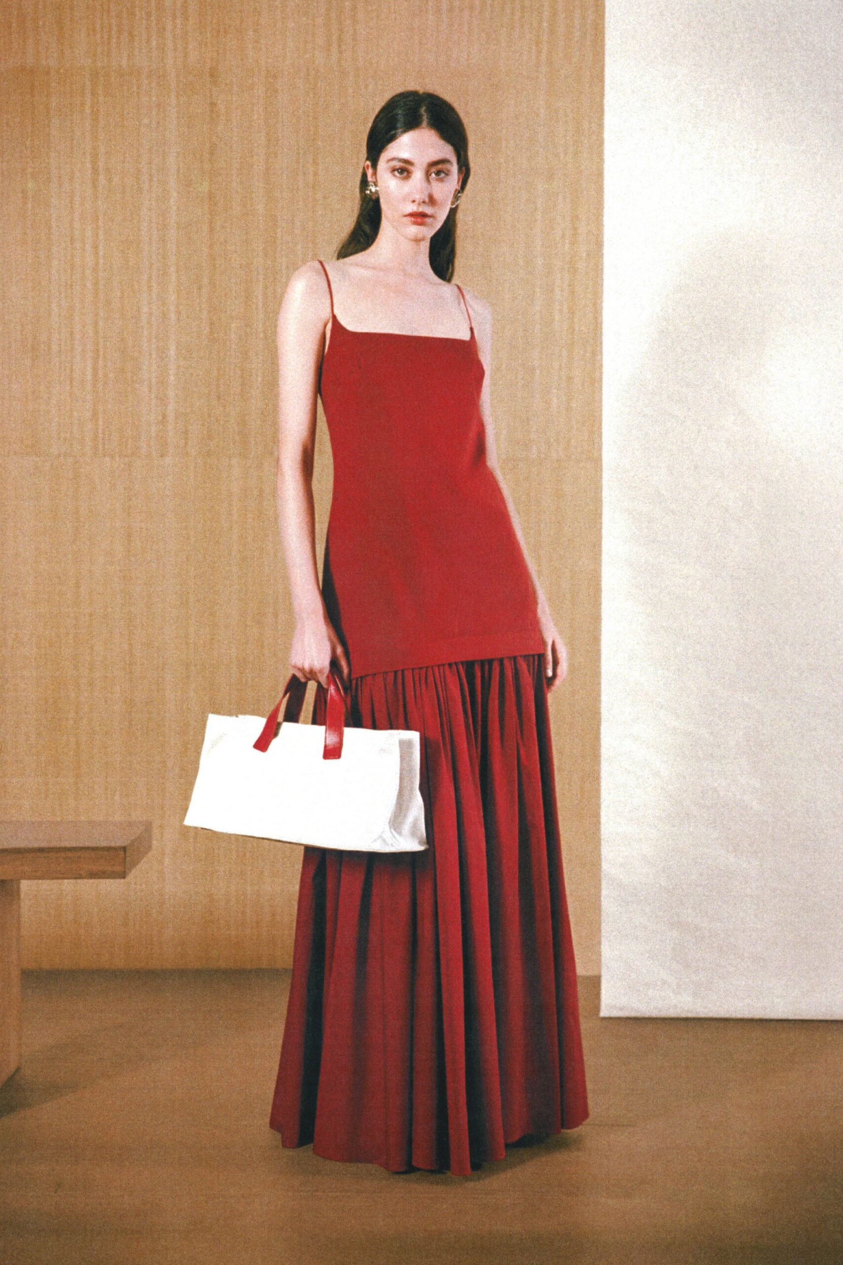 red cotton sleeveless square-neck fitted pleated maxi dress