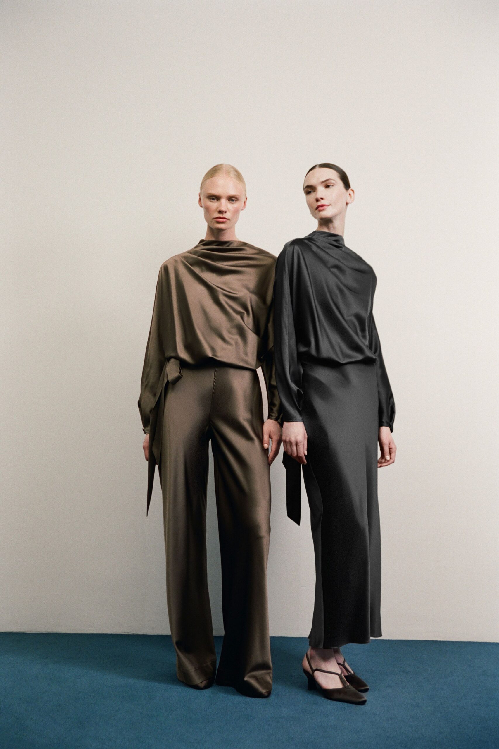 brown silk long-sleeve high-neck fitted draped pants
