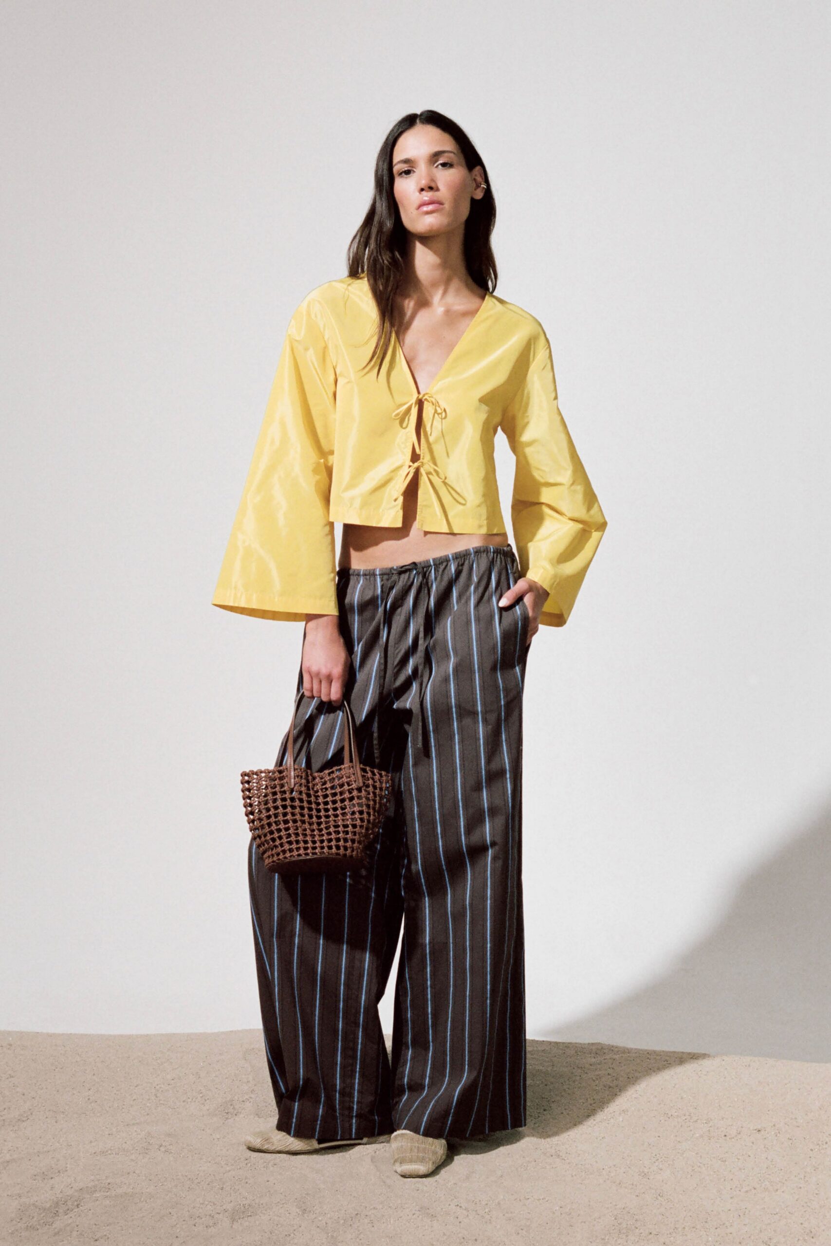 yellow cotton long-sleeve v-neck relaxed ruffled cropped top