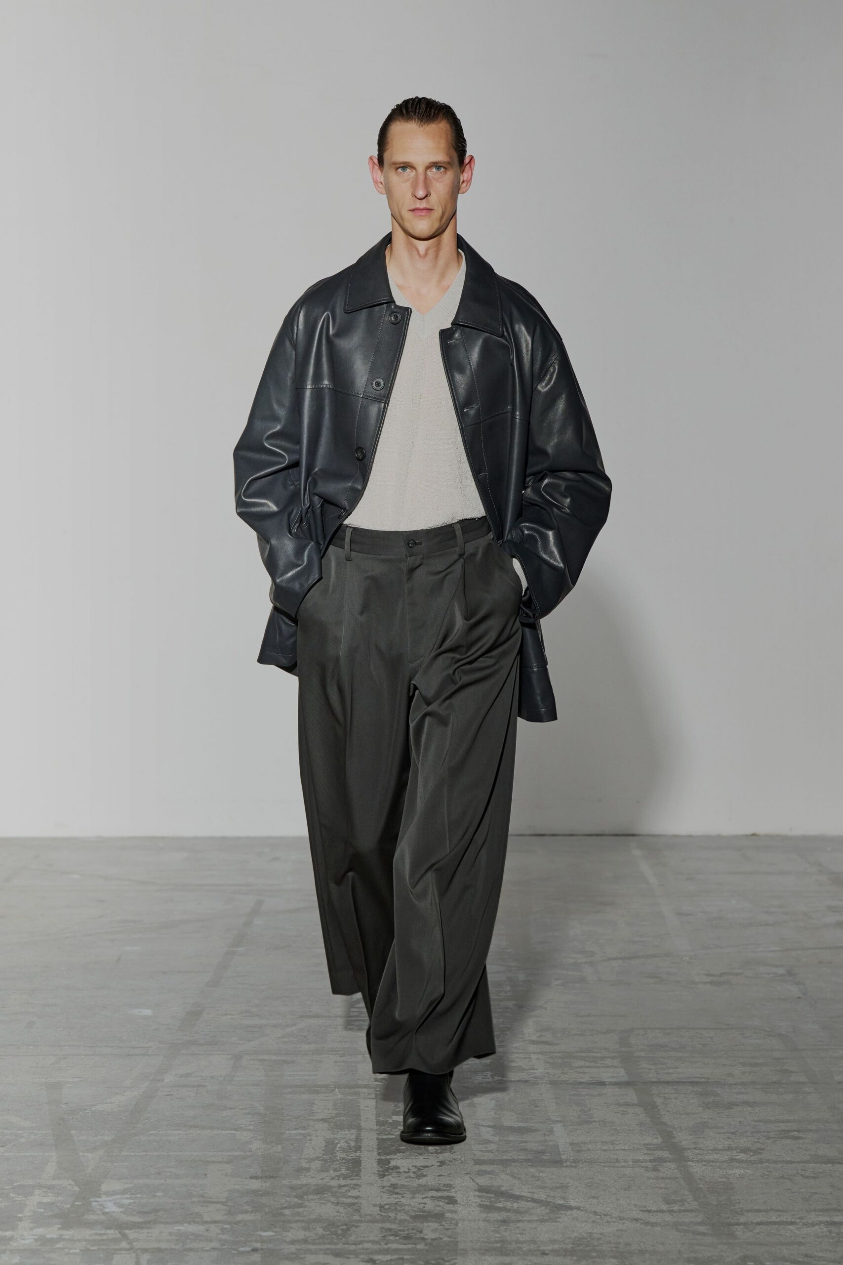 gray wool relaxed high-waisted pleated pants