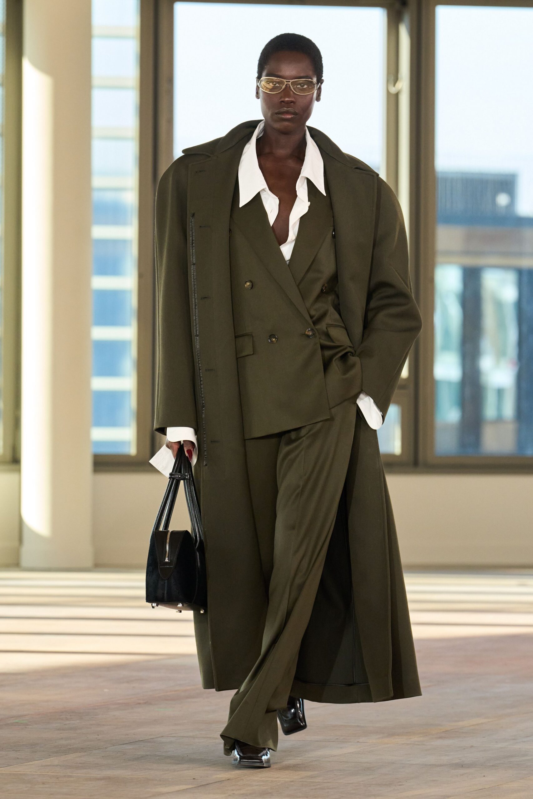 green wool long-sleeve double-breasted relaxed maxi coat