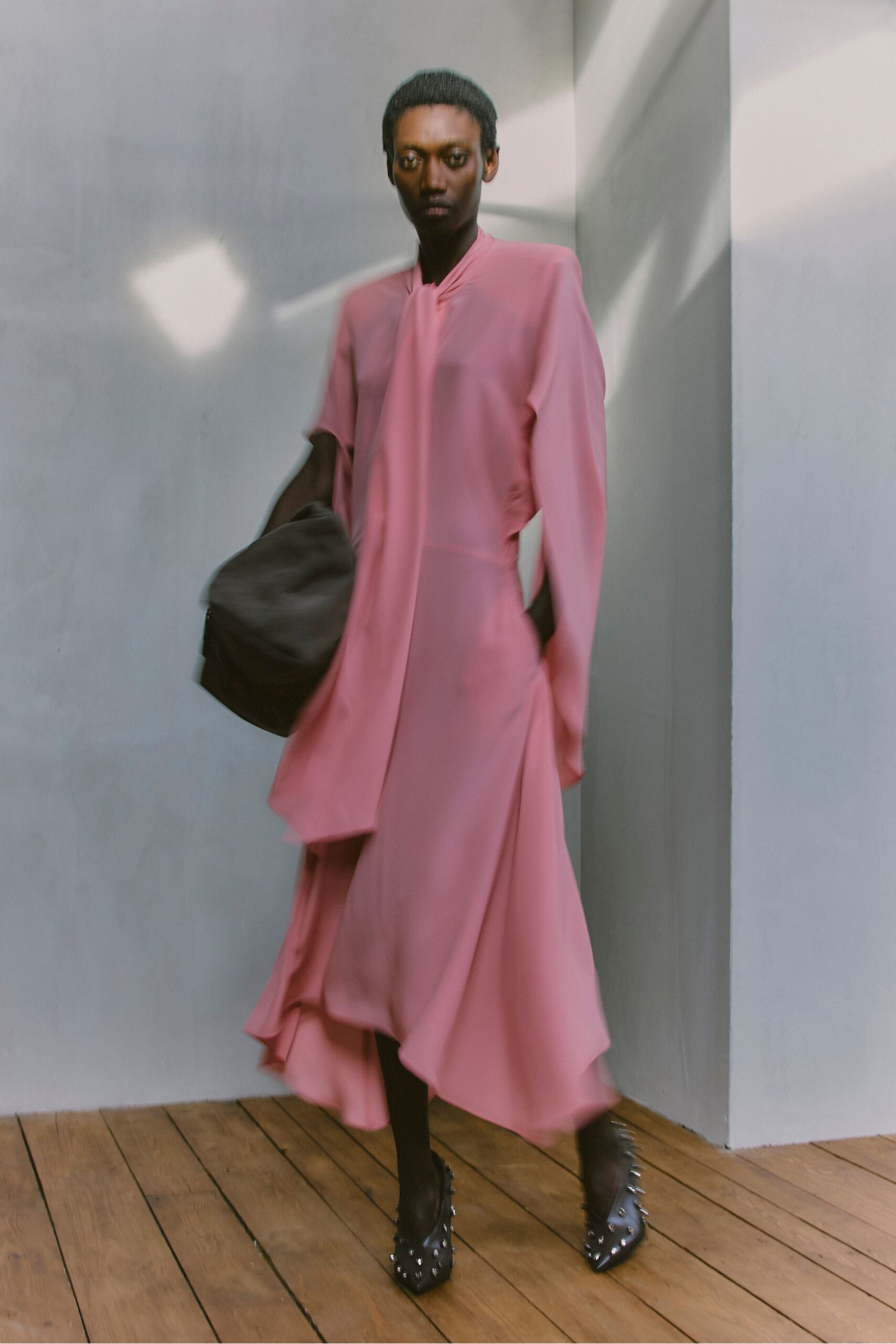 pink chiffon long-sleeve v-neck relaxed draped tiered dress